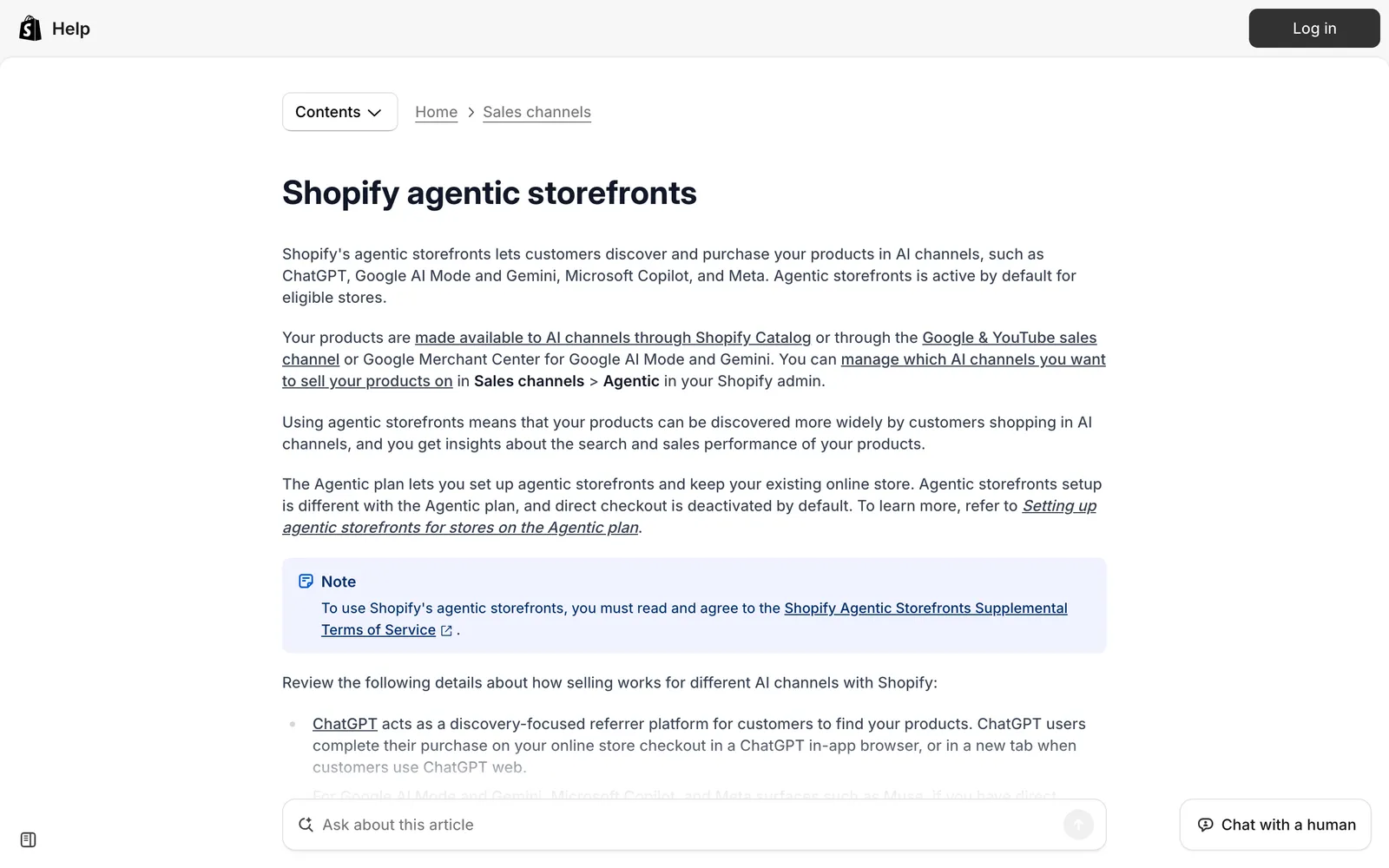 Screenshot of the Shopify Help Center article "Shopify agentic storefronts", explaining that customers can discover and buy products in ChatGPT, Google AI Mode and Gemini, Microsoft Copilot and Meta, and that you manage AI channels in Sales channels > Agentic, at help.shopify.com/en/manual/online-sales-channels/agentic-storefronts, captured 15 October 2026.