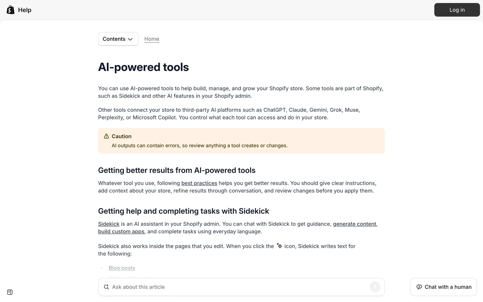 Screenshot of the Shopify Help Center page "AI-powered tools", describing Sidekick and other AI features in the Shopify admin, connections to third-party AI platforms and a caution that AI outputs can contain errors, at help.shopify.com/en/manual/ai-powered-tools, captured 15 October 2026.
