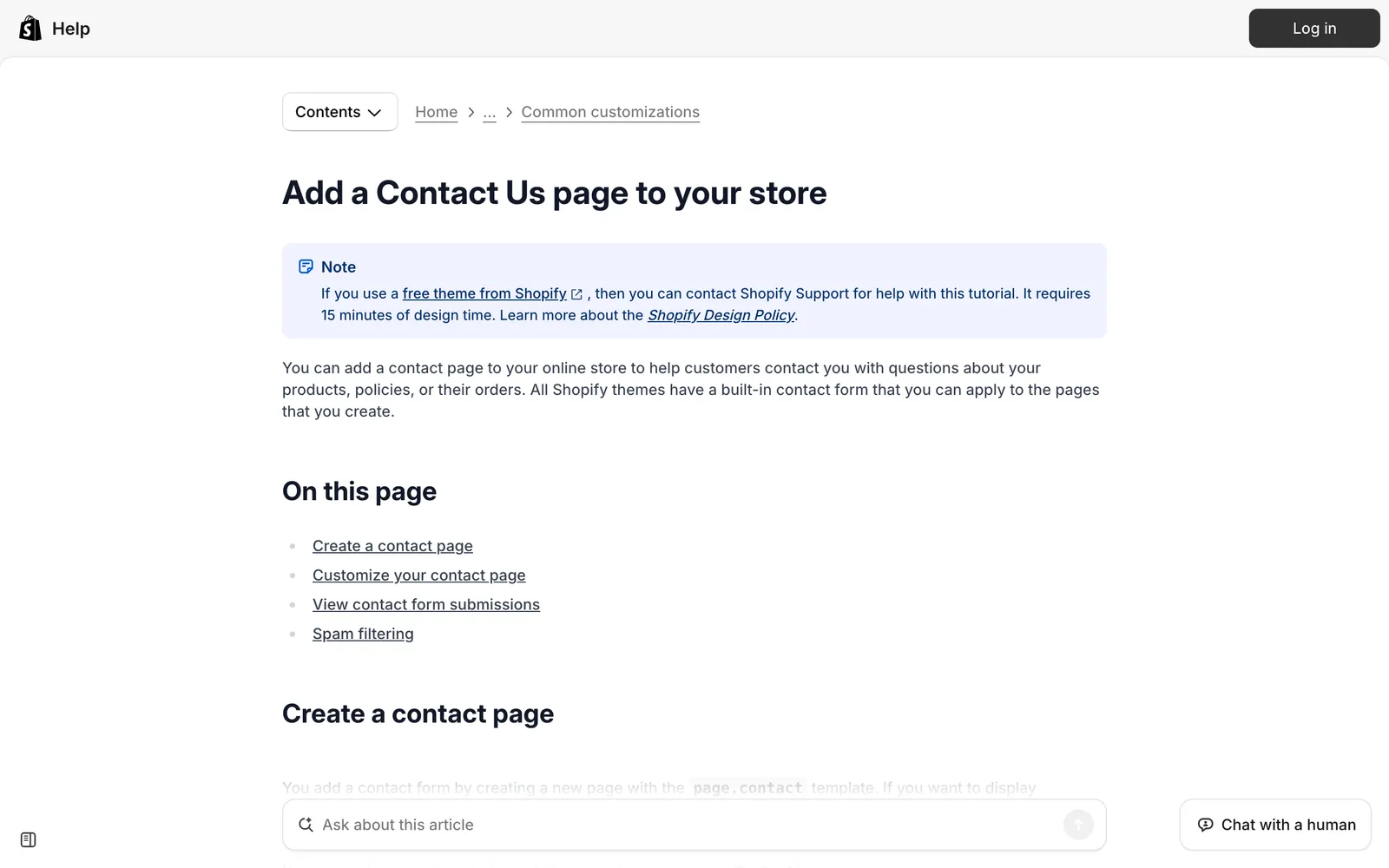 Screenshot of the Shopify Help Center guide "Add a Contact Us page to your store", stating that all Shopify themes have a built-in contact form and listing sections on creating a contact page, viewing submissions and spam filtering, at help.shopify.com/en/manual/online-store/themes/customizing-themes/common-customizations/add-contact-page, captured 15 October 2026.
