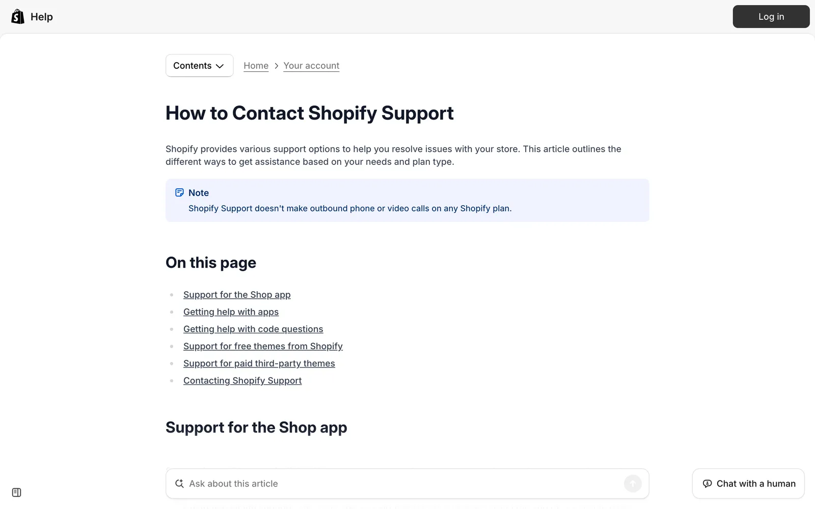 Screenshot of the Shopify Help Center page on contacting Shopify Support at help.shopify.com/en/manual/your-account/contact-shopify-support, captured 12 October 2026.