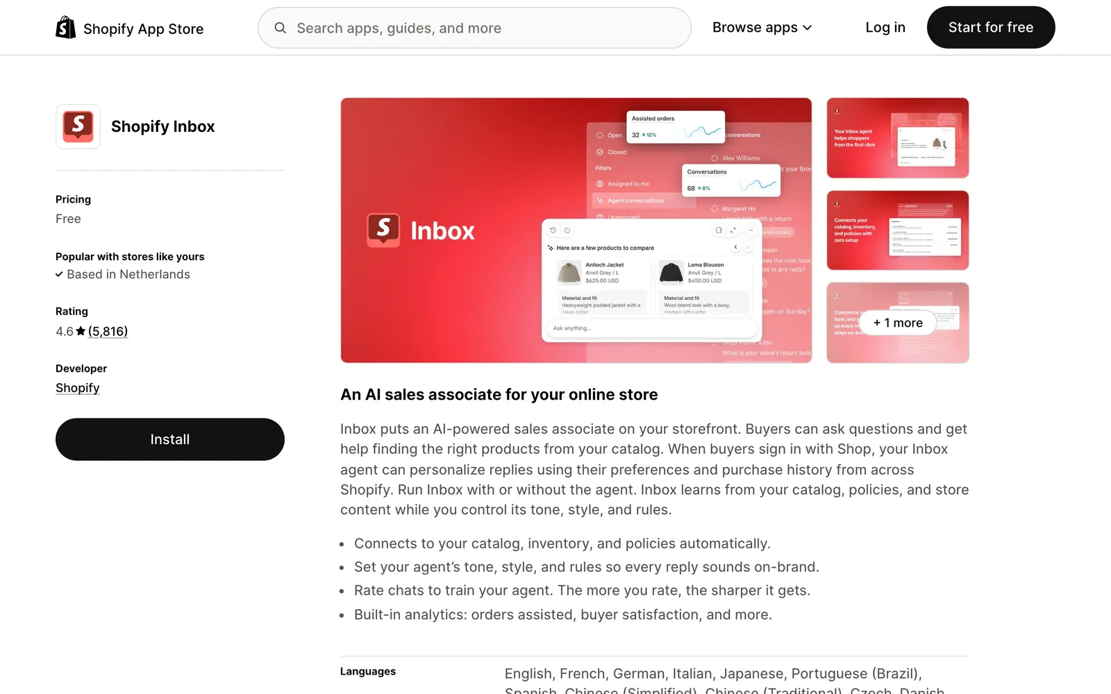 Screenshot of the Shopify Inbox listing on the Shopify App Store, showing Free pricing, a 4.6 rating from 5,816 reviews, Shopify as developer and the heading "An AI sales associate for your online store", at apps.shopify.com/inbox, captured 15 October 2026.