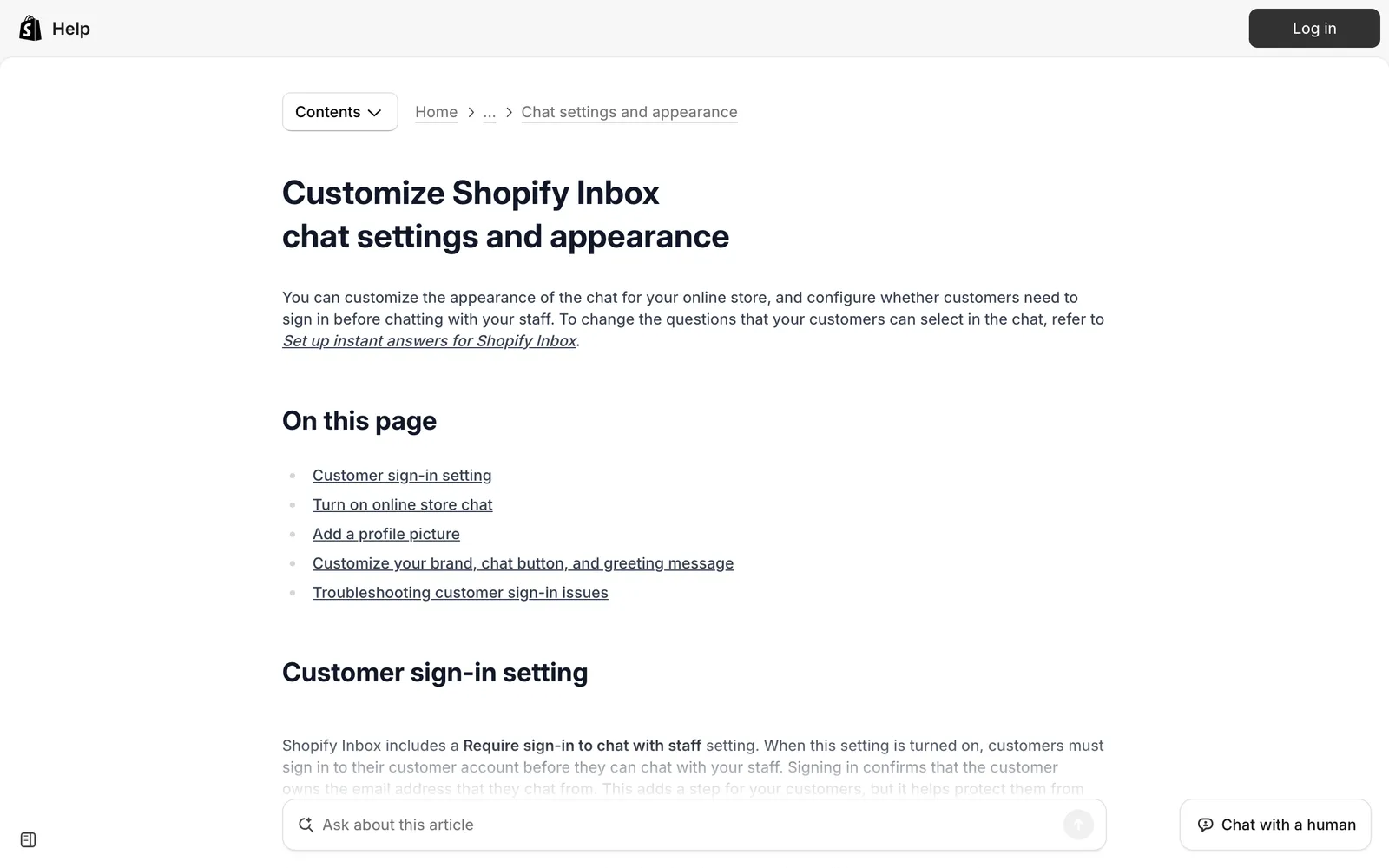 Screenshot of the Shopify Help Center article "Customize Shopify Inbox chat settings and appearance", with sections on the customer sign-in setting, turning on online store chat and customising the brand, chat button and greeting message, at help.shopify.com/en/manual/inbox/chat-settings-and-appearance/settings, captured 15 October 2026.