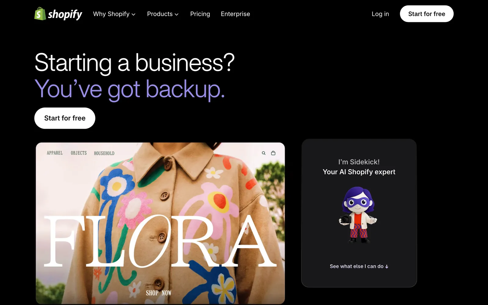 Screenshot of the Shopify Sidekick product page, with the headline "Starting a business? You've got backup." and a card reading "I'm Sidekick! Your AI Shopify expert", at shopify.com/sidekick, captured 15 October 2026.