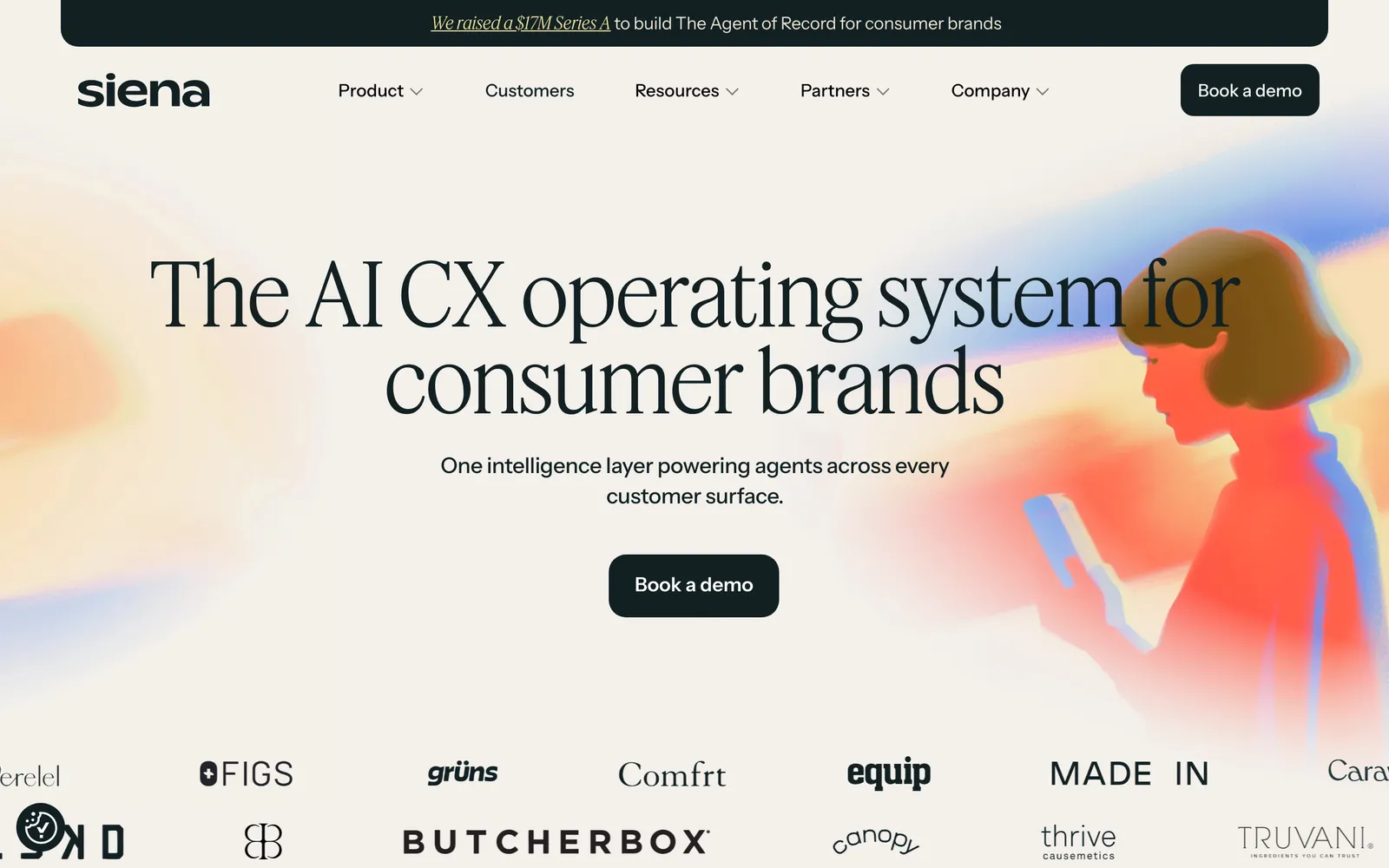 Screenshot of the Siena homepage at siena.cx, headed 'The AI CX operating system for consumer brands', with a banner announcing its $17M Series A to build The Agent of Record and a strip of customer logos including FIGS, Grüns and Comfrt, captured 16 October 2026.