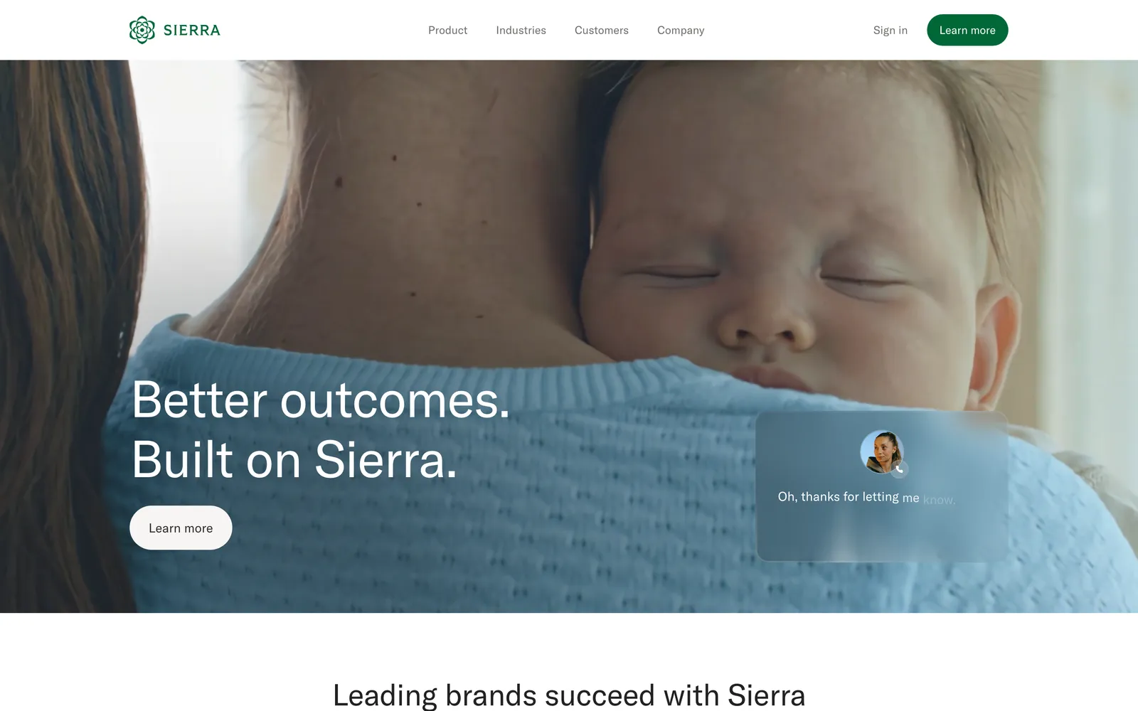 Sierra homepage, 'Better outcomes. Built on Sierra.', with a voice call card on the right, captured 23 October 2026.