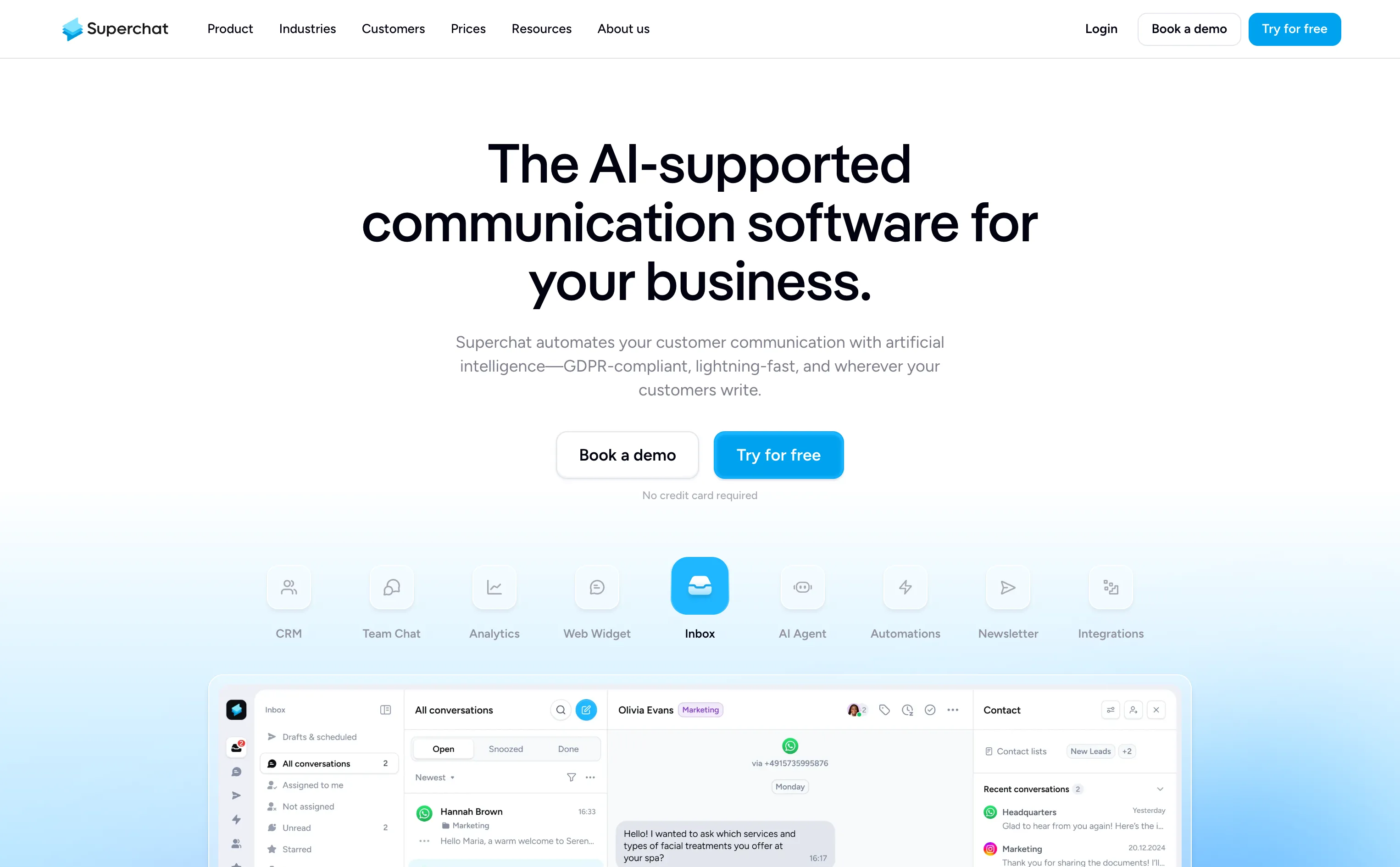 Startseite von Superchat, der Messaging-Suite