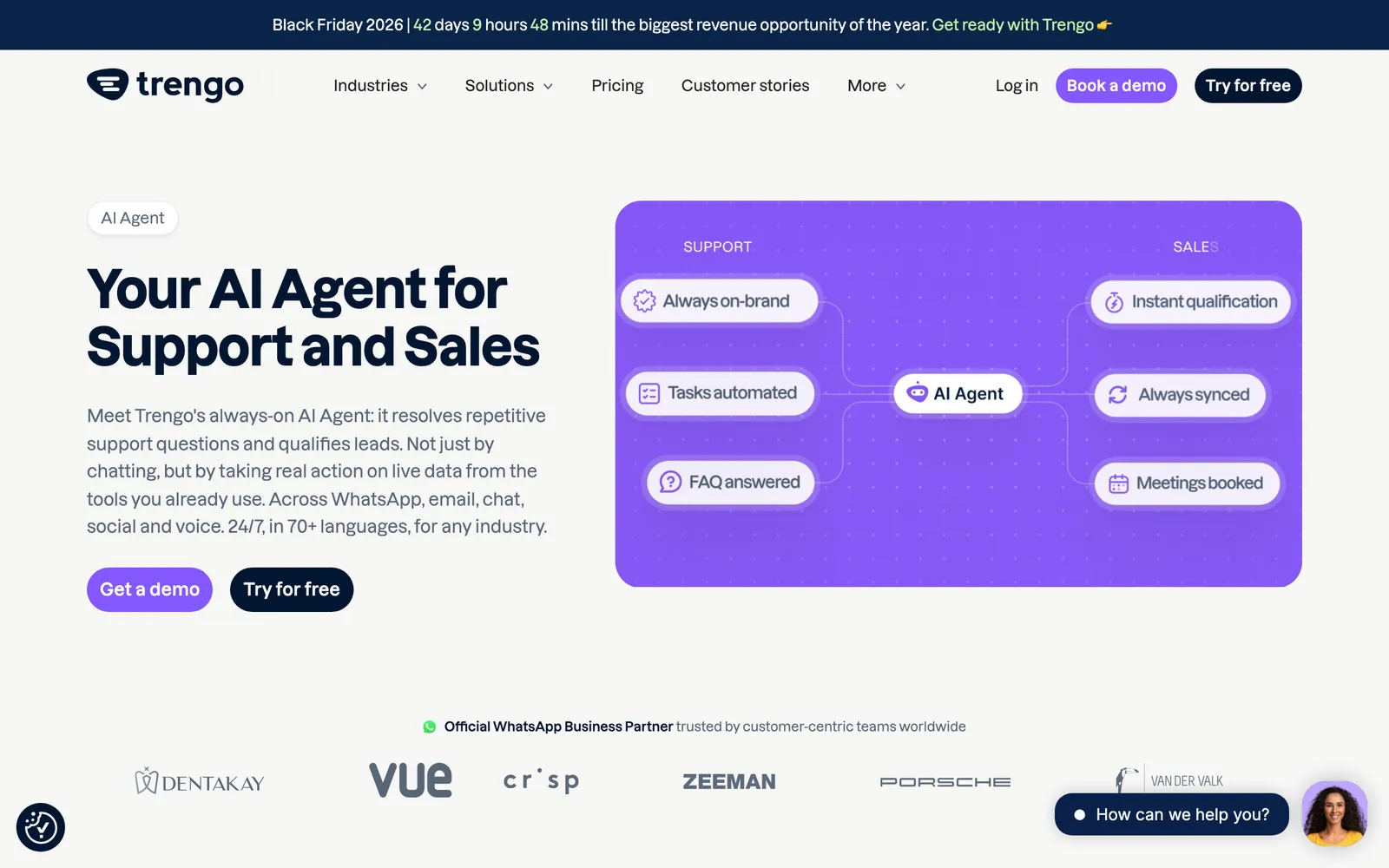 Trengo's AI Agent page, headed 'Your AI Agent for Support and Sales', describing an agent that acts on live data across WhatsApp, email, chat, social and voice, captured 15 October 2026 from trengo.com.