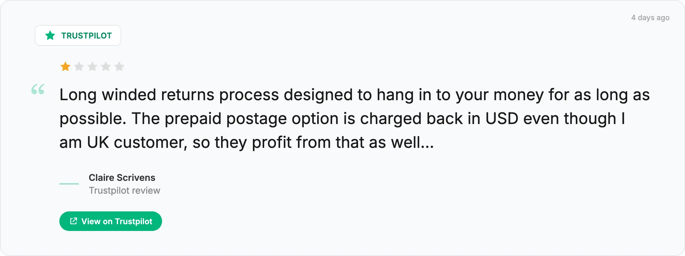 Trustpilot-review van Claire Scrivens, 1 ster: een omslachtig retourproces dat ontworpen lijkt om je geld zo lang mogelijk vast te houden.