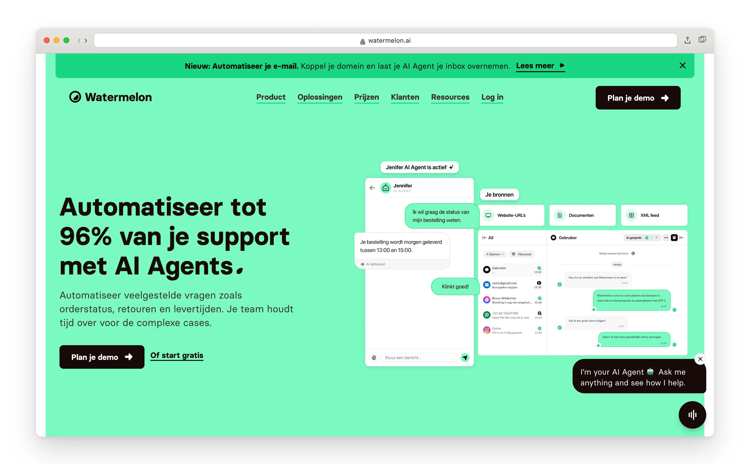 Watermelon homepage, NL chatbot platform.