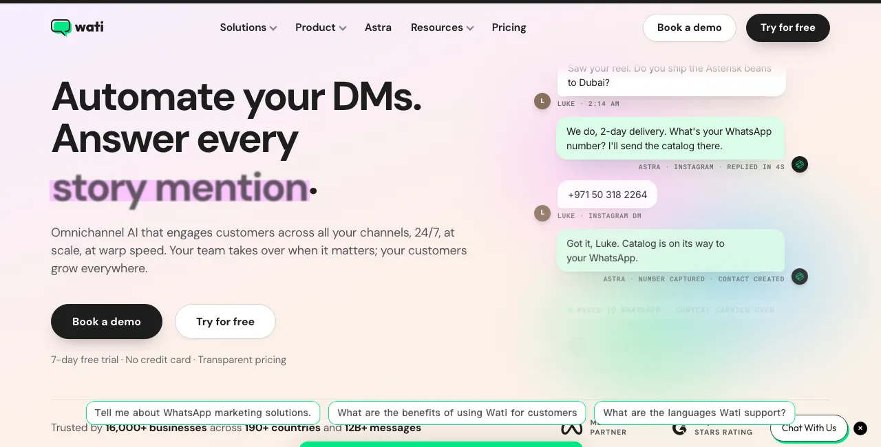 Wati's homepage, headed 'Automate your DMs. Answer every story mention.', with an Astra AI chat example, captured 15 October 2026 from wati.io.