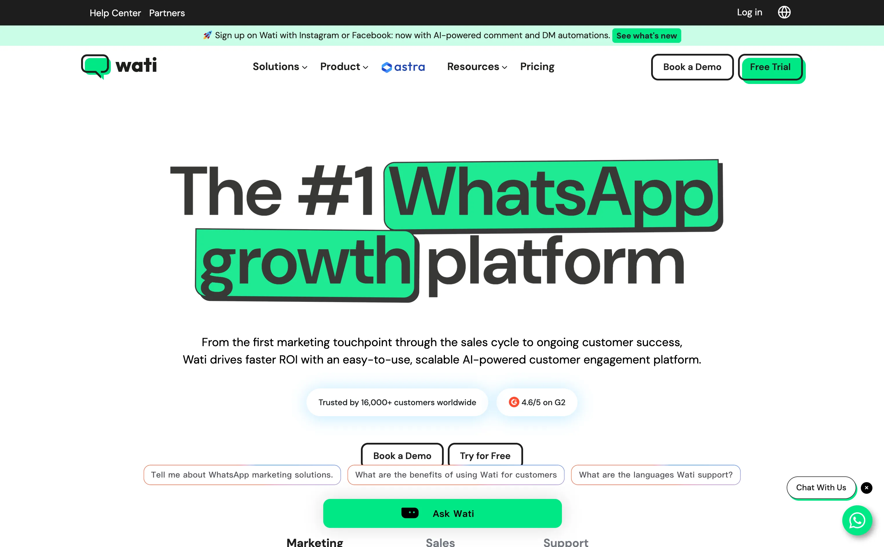 Wati WhatsApp-Business-Plattform Startseite