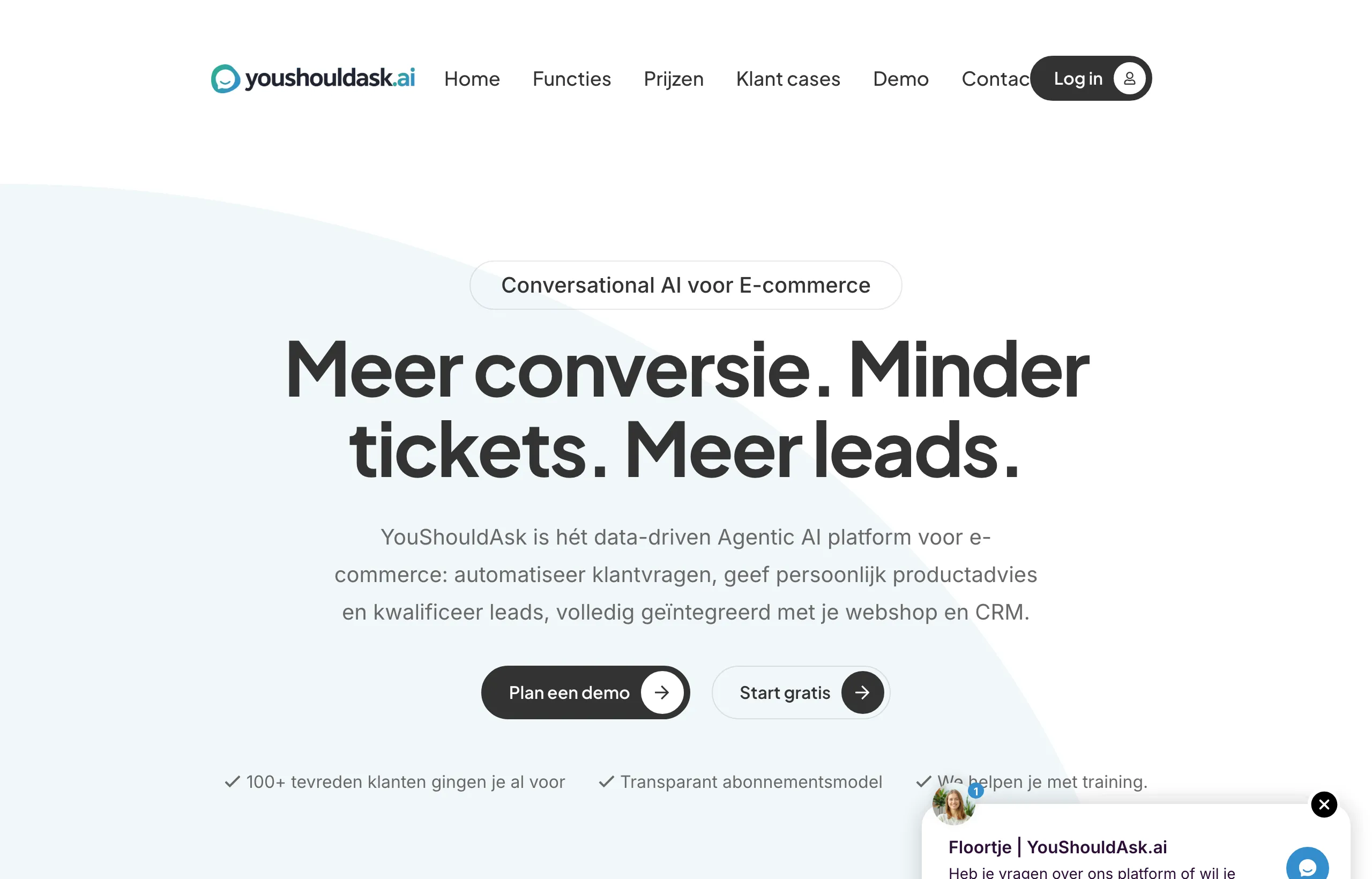 You Should Ask homepage: conversational AI voor e-commerce, gericht op conversie, minder tickets en meer leads.
