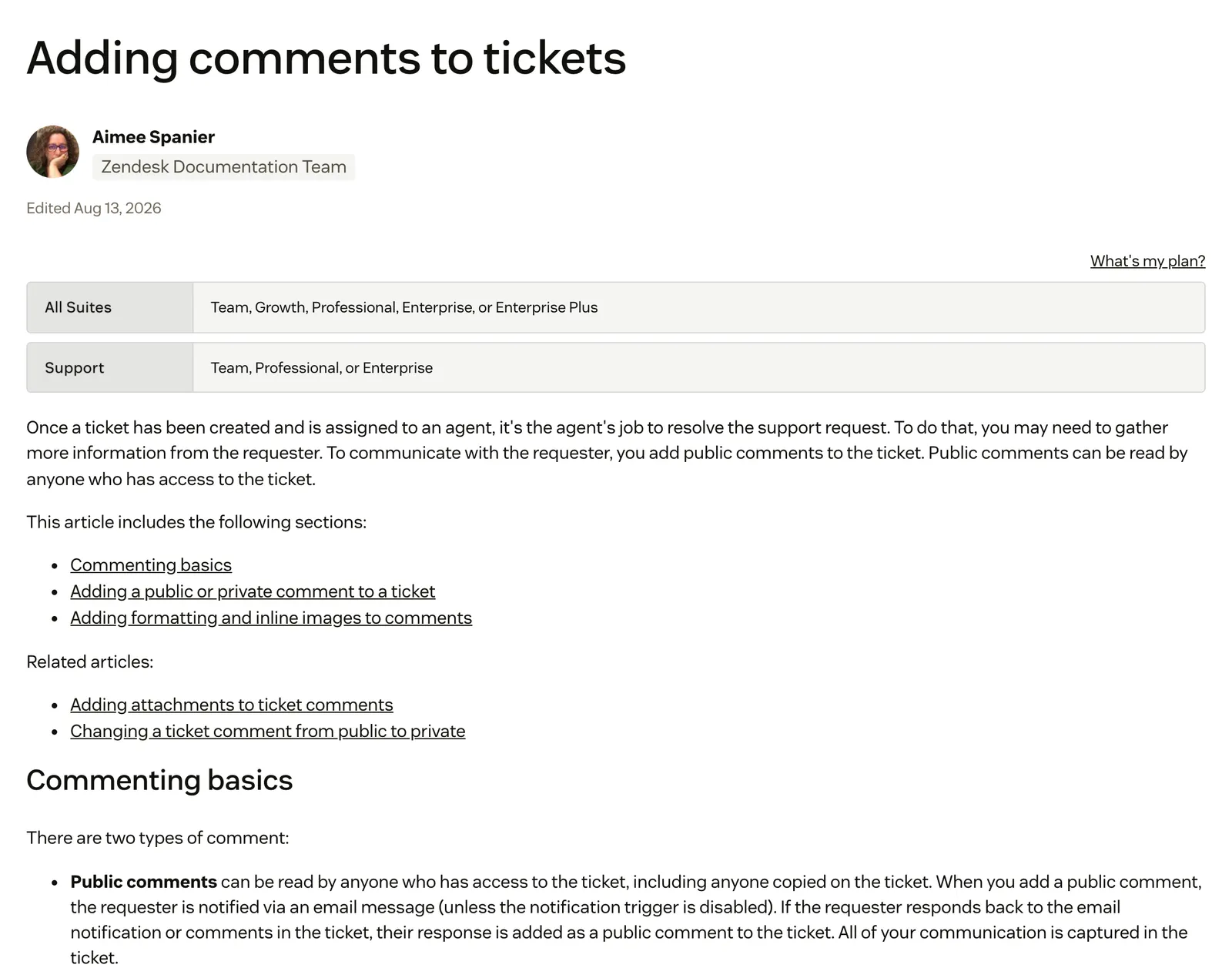 Screenshot of the Zendesk help centre article "Adding comments to tickets", listing sections on commenting basics and adding a public or private comment to a ticket, at support.zendesk.com/hc/en-us/articles/4408828489370, captured 15 October 2026.
