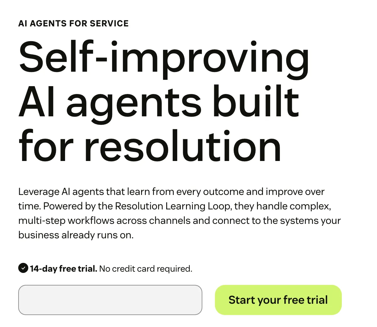 Zendesk's AI agents page, headlined 'Self-improving AI agents built for resolution', describing agents that 'learn from every outcome' through its Resolution Learning Loop, captured 13 October 2026.