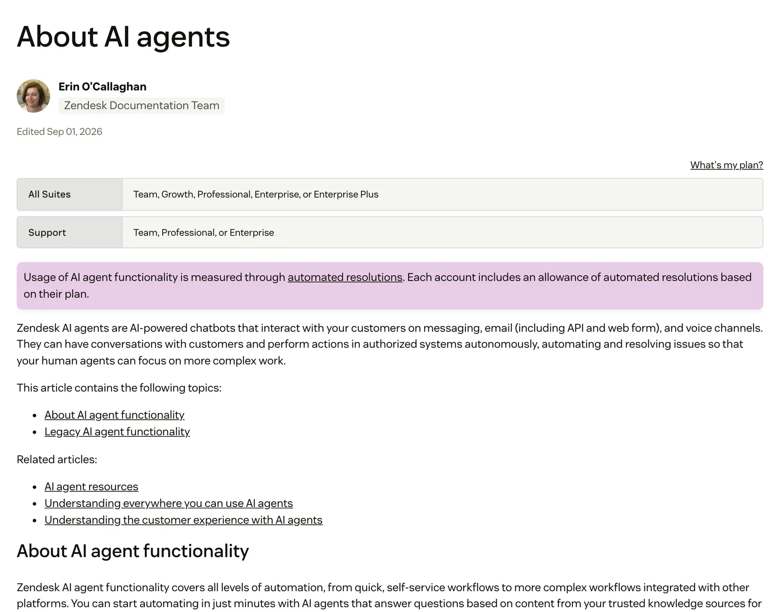 Screenshot of the Zendesk help centre article "About AI agents", defining AI agents as AI-powered chatbots on messaging, email and voice and noting that usage is measured in automated resolutions, at support.zendesk.com/hc/en-us/articles/6970583409690, captured 15 October 2026.