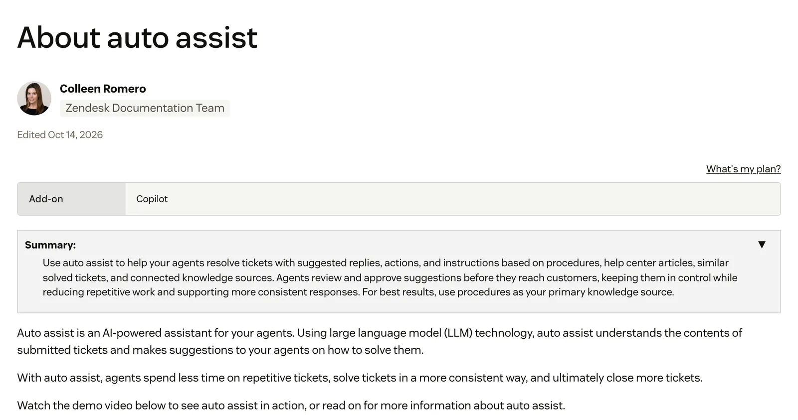 Screenshot of the Zendesk help centre article "About auto assist", marked as a Copilot add-on feature, with a summary that agents review and approve suggested replies and actions before they reach customers, at support.zendesk.com/hc/en-us/articles/9945148867866, captured 15 October 2026.