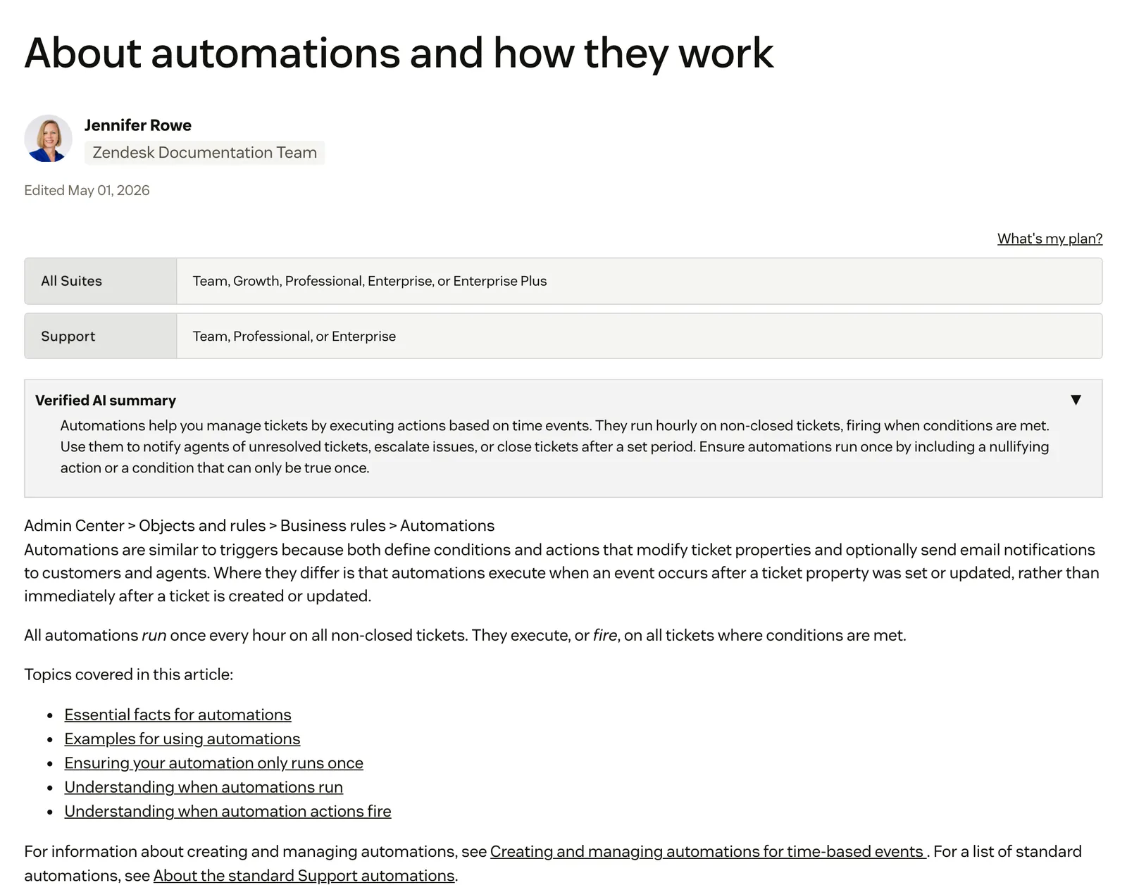 Screenshot of the Zendesk help centre article "About automations and how they work", showing the plans it applies to, the Admin Center path to Automations and the line that all automations run once every hour on all non-closed tickets, at support.zendesk.com/hc/en-us/articles/4408832701850, captured 15 October 2026.