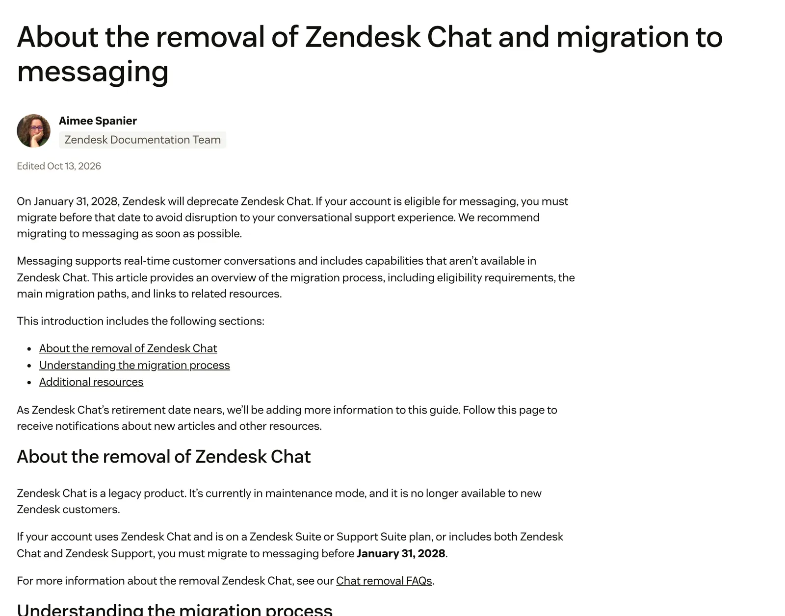 Screenshot of the Zendesk help centre article "About the removal of Zendesk Chat and migration to messaging", stating that Zendesk will deprecate Zendesk Chat on 31 January 2028 and that Chat is a legacy product in maintenance mode, at support.zendesk.com/hc/en-us/articles/10837219795226, captured 15 October 2026.