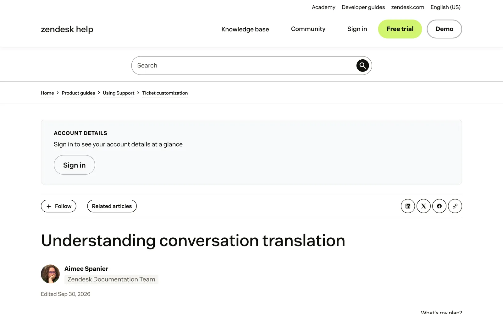 Zendesk's help article on conversation translation, which explains how agents translate shopper messages and their own replies, captured 19 October 2026.