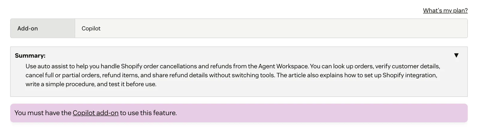 Zendesk's help article 'Workflow recipe: Canceling and refunding a Shopify order with auto assist', marked 'You must have the Copilot add-on to use this feature', captured 13 October 2026.