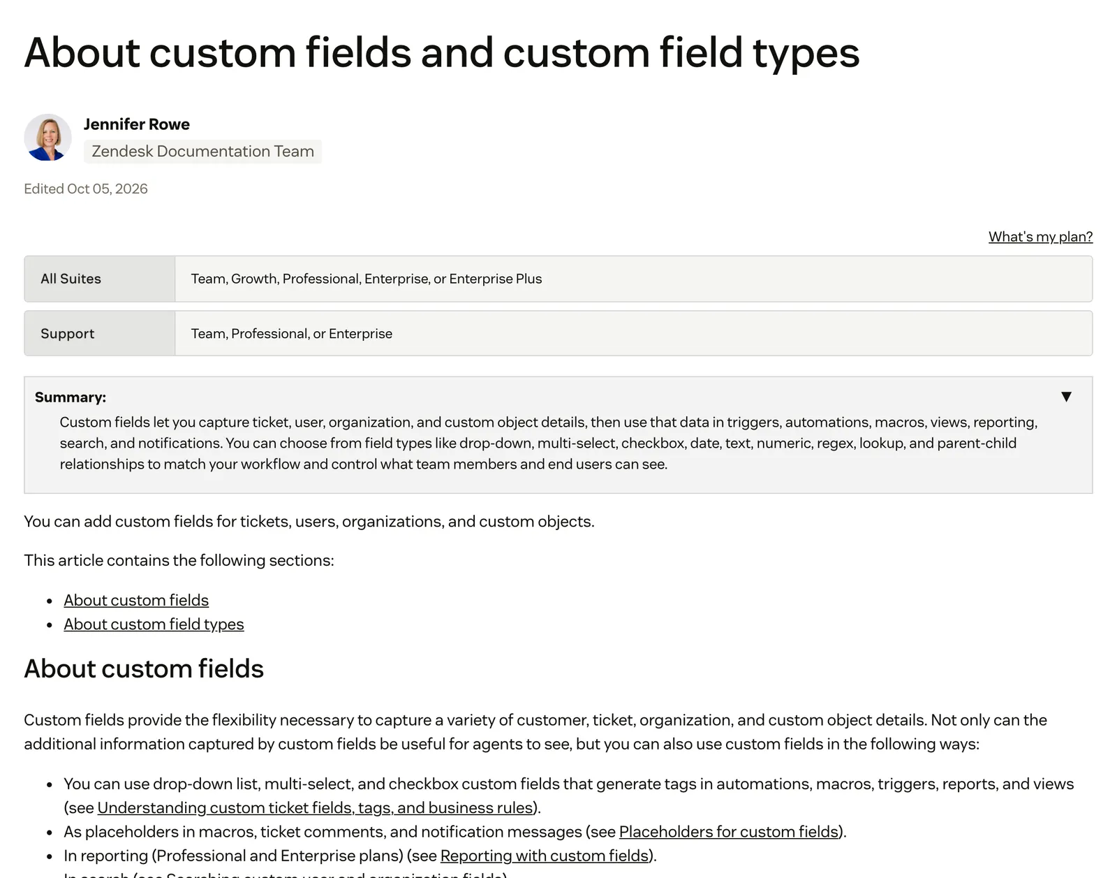 Screenshot of the Zendesk help centre article "About custom fields and custom field types", with a summary listing field types such as drop-down, multi-select, checkbox, date, text, numeric, regex and lookup for tickets, users, organisations and custom objects, at support.zendesk.com/hc/en-us/articles/4408838961562, captured 15 October 2026.