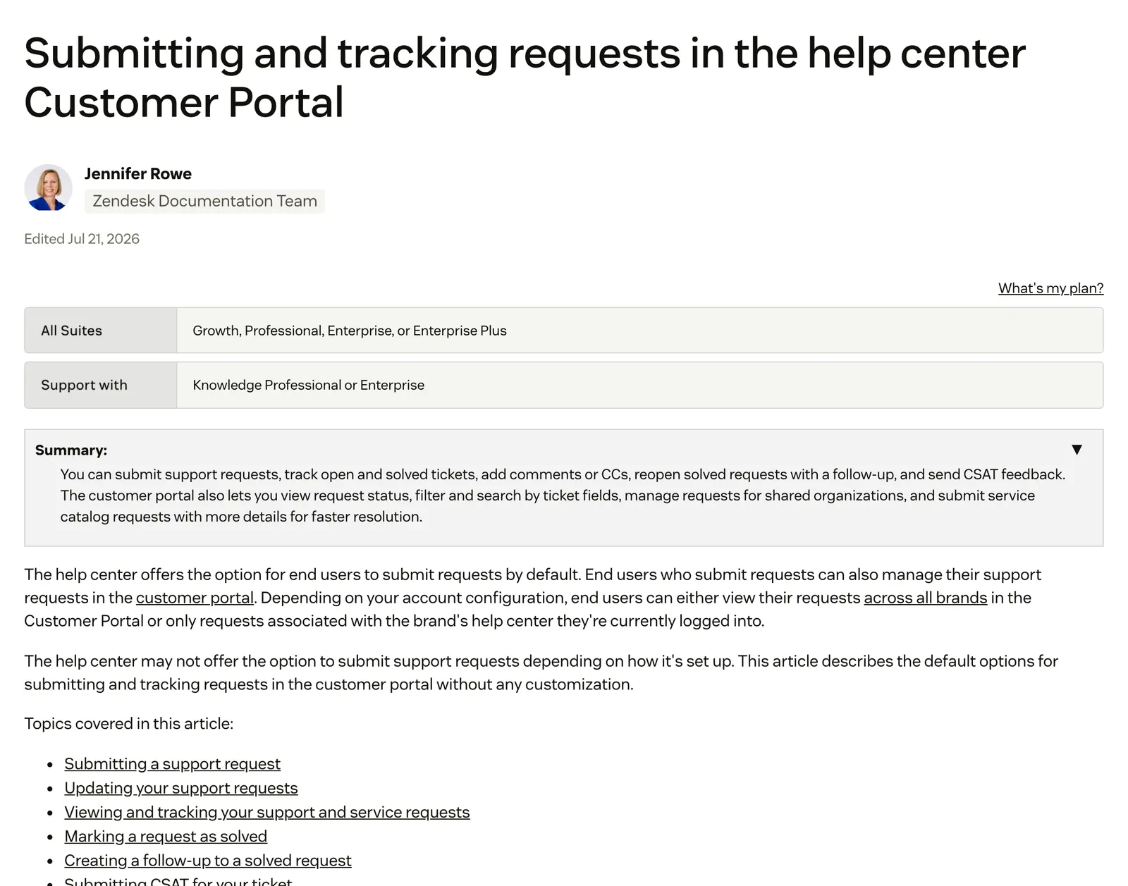 Screenshot of the Zendesk help centre article "Submitting and tracking requests in the help center Customer Portal", with a summary of what customers can do there: submit requests, track open and solved tickets, add comments and send CSAT feedback, at support.zendesk.com/hc/en-us/articles/4408846805530, captured 15 October 2026.