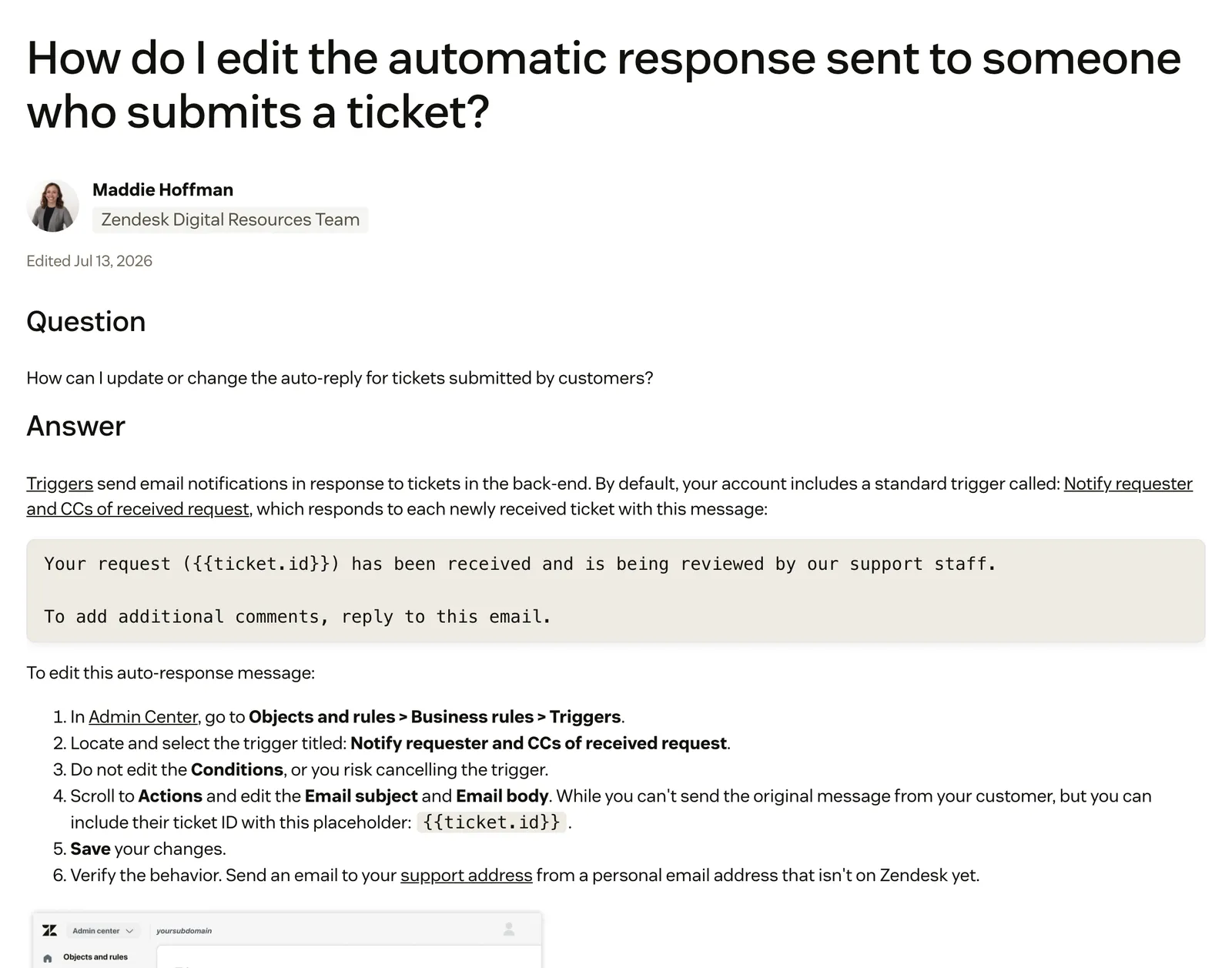 Screenshot of the Zendesk help centre article "How do I edit the automatic response sent to someone who submits a ticket?", showing the default "Your request has been received" message and the steps to edit the Notify requester and CCs of received request trigger, at support.zendesk.com/hc/en-us/articles/4408831473562, captured 15 October 2026.