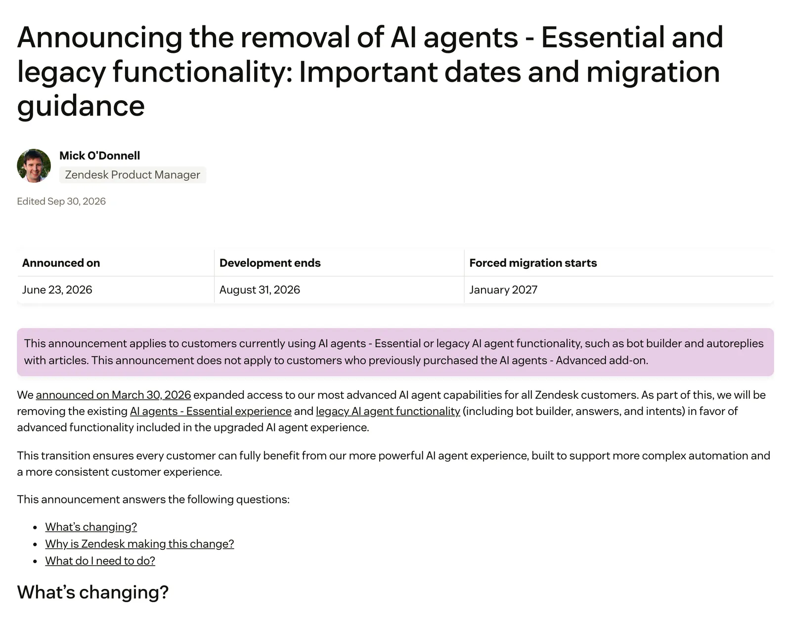 Screenshot of the Zendesk announcement "Announcing the removal of AI agents - Essential and legacy functionality", with a dates table (announced 23 June 2026, development ends 31 August 2026, forced migration starts January 2027) and a note that it applies to AI agents Essential and legacy bots, at support.zendesk.com/hc/en-us/articles/10904648529690, captured 15 October 2026.