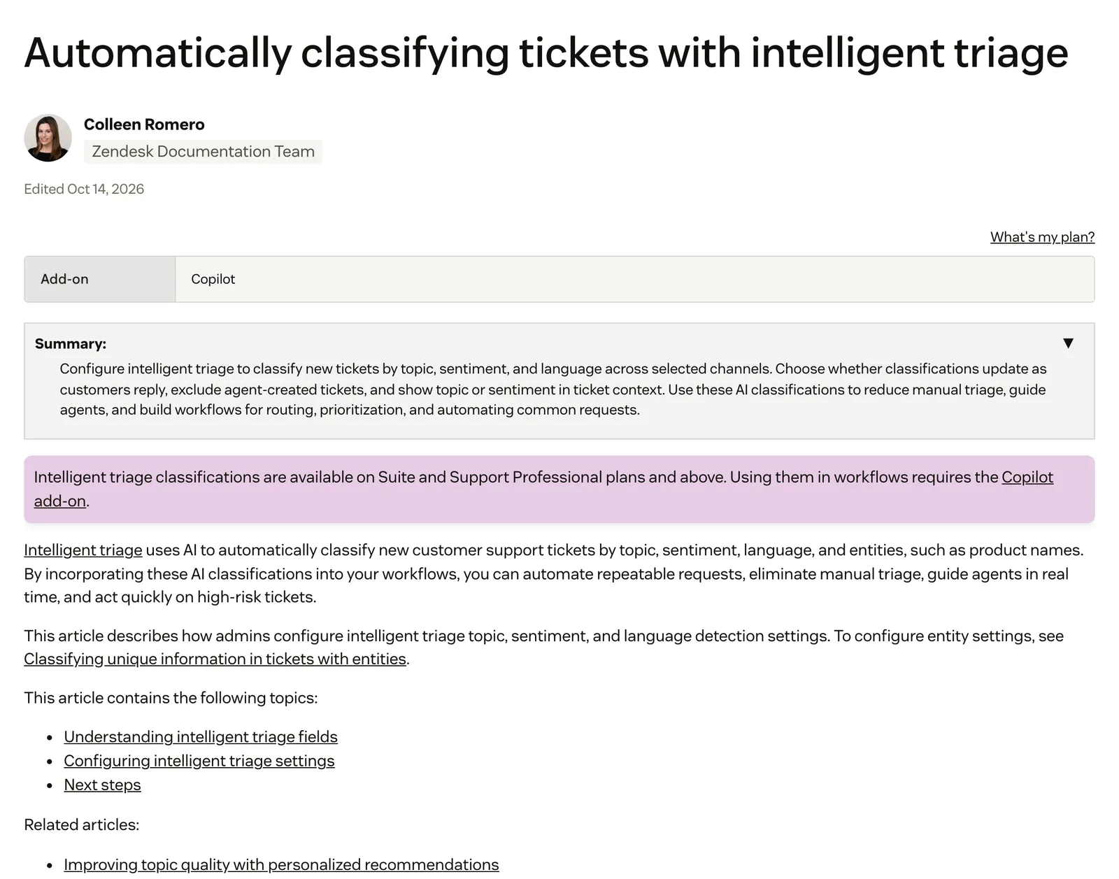 Screenshot of the Zendesk help centre article "Automatically classifying tickets with intelligent triage", showing the Copilot add-on label and the description of AI classification by topic, sentiment, language and entities, at support.zendesk.com/hc/en-us/articles/4550640560538, captured 15 October 2026.