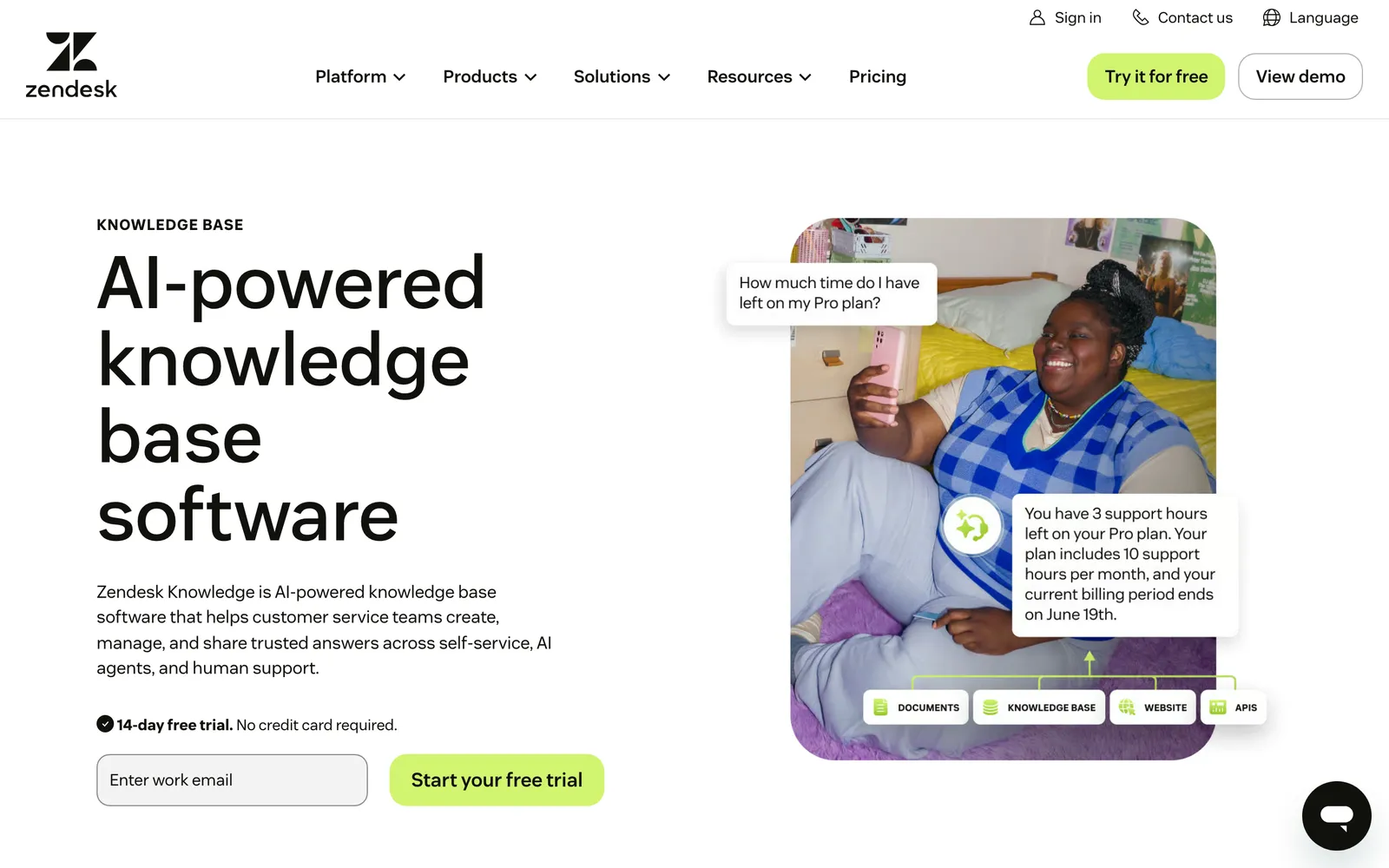Screenshot of the Zendesk Knowledge product page, headed "AI-powered knowledge base software", describing Zendesk Knowledge as software to create, manage and share answers across self-service, AI agents and human support, at zendesk.co.uk/service/knowledge, captured 15 October 2026.