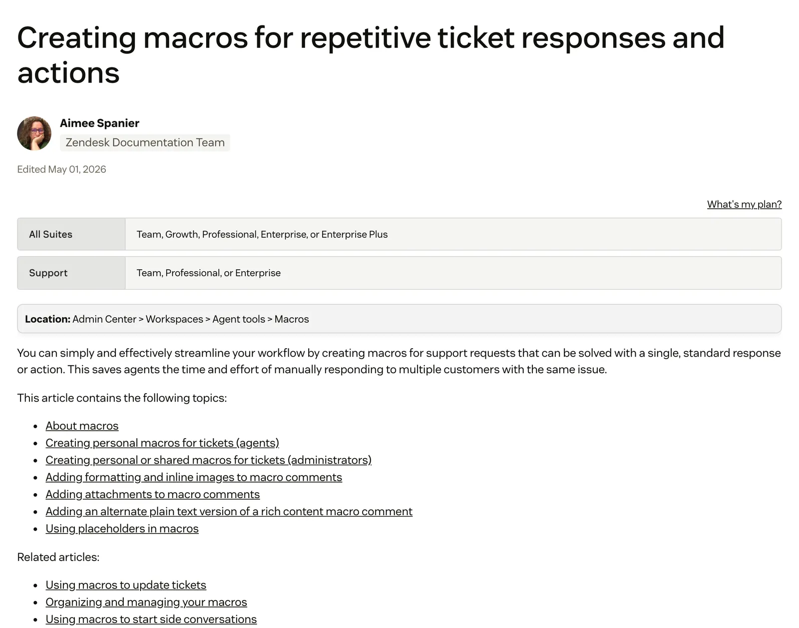 Screenshot of the Zendesk help centre article "Creating macros for repetitive ticket responses and actions", showing the plans it applies to and the Admin Center > Workspaces > Agent tools > Macros location, at support.zendesk.com/hc/en-us/articles/4408844187034, captured 15 October 2026.