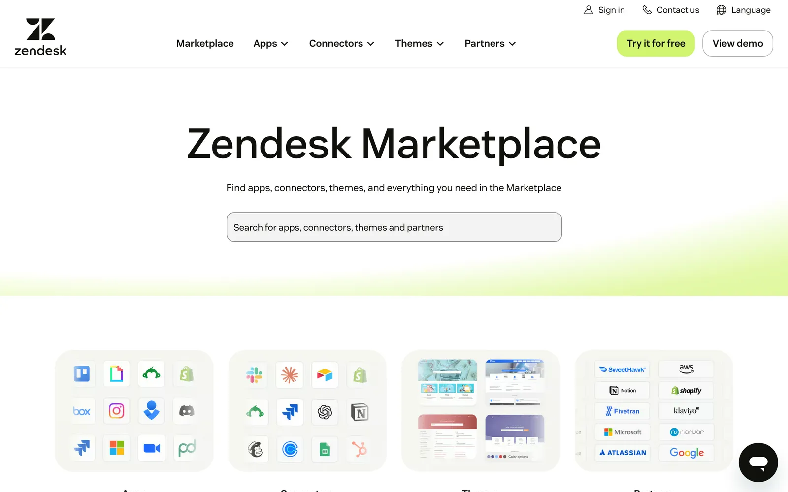 Screenshot of the Zendesk Marketplace home page, with a search bar for apps, connectors, themes and partners and tiles of app logos such as Shopify, Slack and Jira, at zendesk.co.uk/marketplace, captured 15 October 2026.