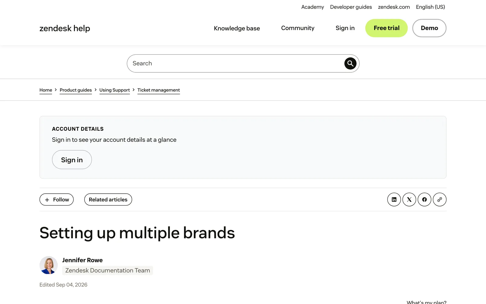 Screenshot of Zendesk's Setting up multiple brands help article at support.zendesk.com/hc/en-us/articles/4408829476378-Setting-up-multiple-brands, captured 19 October 2026.