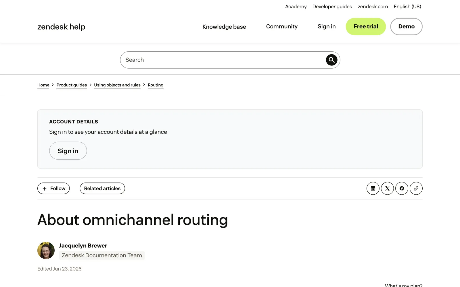 Screenshot of the Zendesk help centre article "About omnichannel routing", the page that describes how Zendesk routes tickets, at support.zendesk.com/hc/en-us/articles/4409149119514-About-omnichannel-routing, captured 19 October 2026.