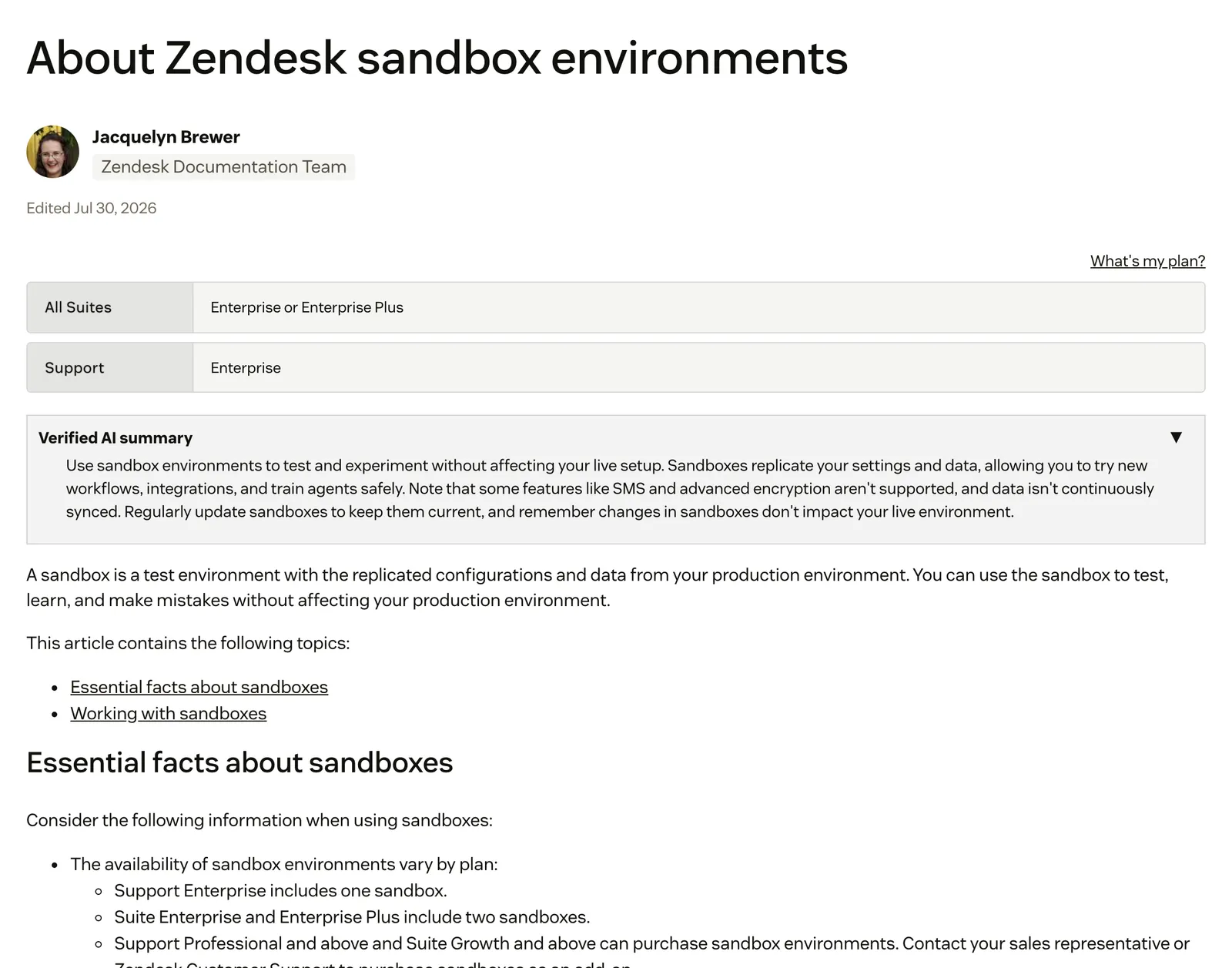Screenshot of the Zendesk help centre article "About Zendesk sandbox environments", showing that sandboxes come with Suite Enterprise and Support Enterprise and defining a sandbox as a test environment with replicated configurations and data, at support.zendesk.com/hc/en-us/articles/6150628316058, captured 15 October 2026.