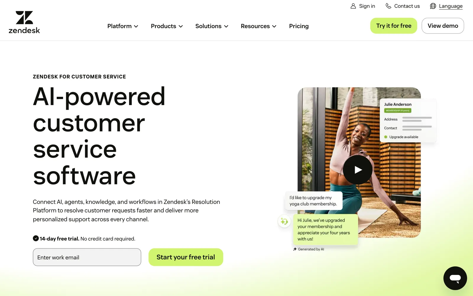 Screenshot of the Zendesk for customer service product page, headed "AI-powered customer service software", with a product illustration of a customer request and an AI-generated reply, at zendesk.co.uk/service, captured 15 October 2026.