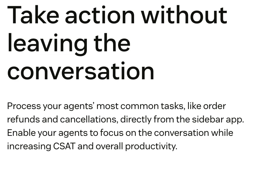 Zendesk's Shopify page: 'Take action without leaving the conversation', with order refunds and cancellations from the sidebar app, captured 13 October 2026.