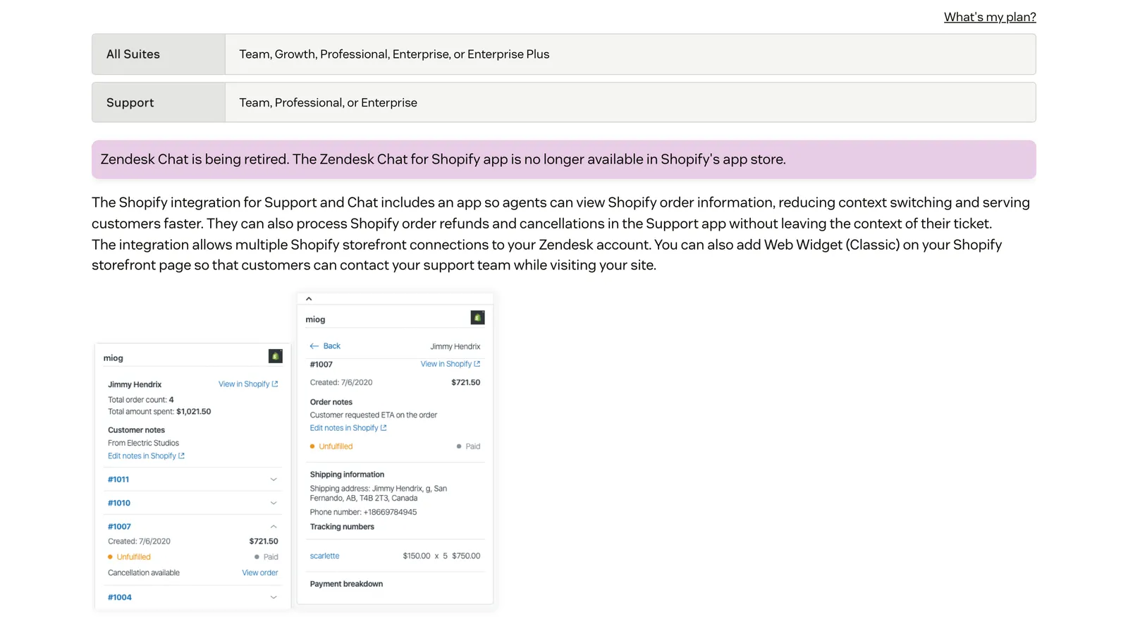 Screenshot of Zendesk's help article "Setting up the Shopify integration for Support and Chat", showing the supported Suite and Support plans, a notice that Zendesk Chat is being retired, and Zendesk's example sidebar app listing a customer's Shopify orders with order notes, fulfilment status and shipping details, at support.zendesk.com/hc/en-us/articles/4408820093850, captured 15 October 2026.