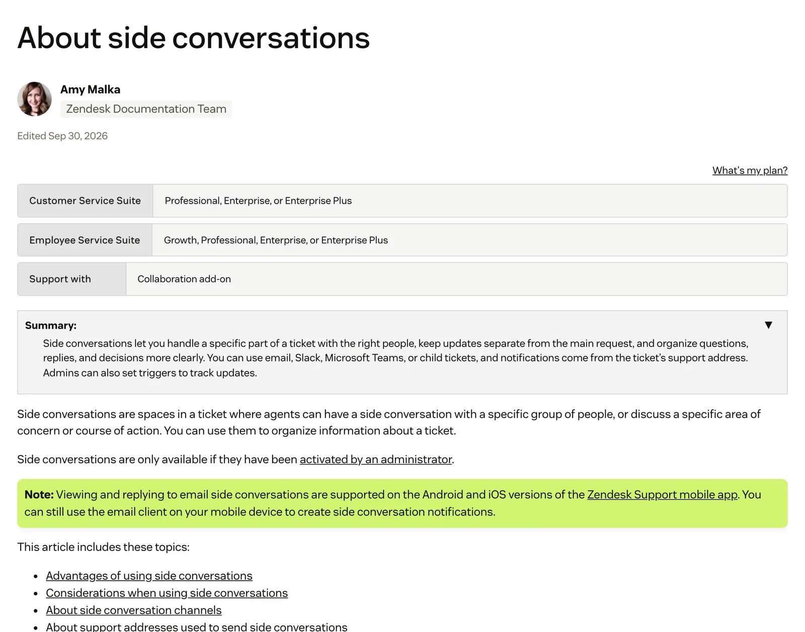 Screenshot of the Zendesk help centre article "About side conversations", showing the Suite Professional and Collaboration add-on requirement and a summary that side conversations run over email, Slack, Microsoft Teams or child tickets, at support.zendesk.com/hc/en-us/articles/4408844206746, captured 15 October 2026.