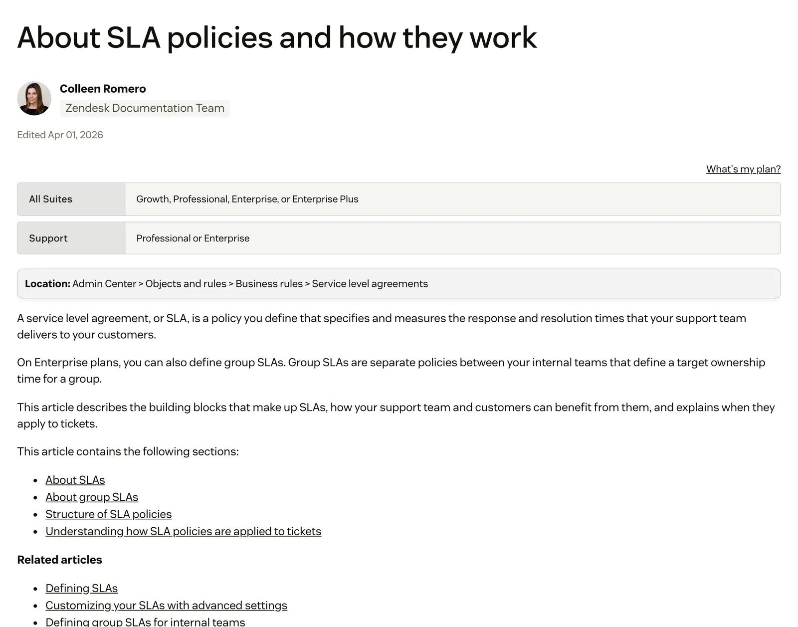 Screenshot of the Zendesk help centre article "About SLA policies and how they work", showing the Growth and Professional plan requirement, the Admin Center path to Service level agreements and the definition of an SLA, at support.zendesk.com/hc/en-us/articles/5600997516058, captured 15 October 2026.