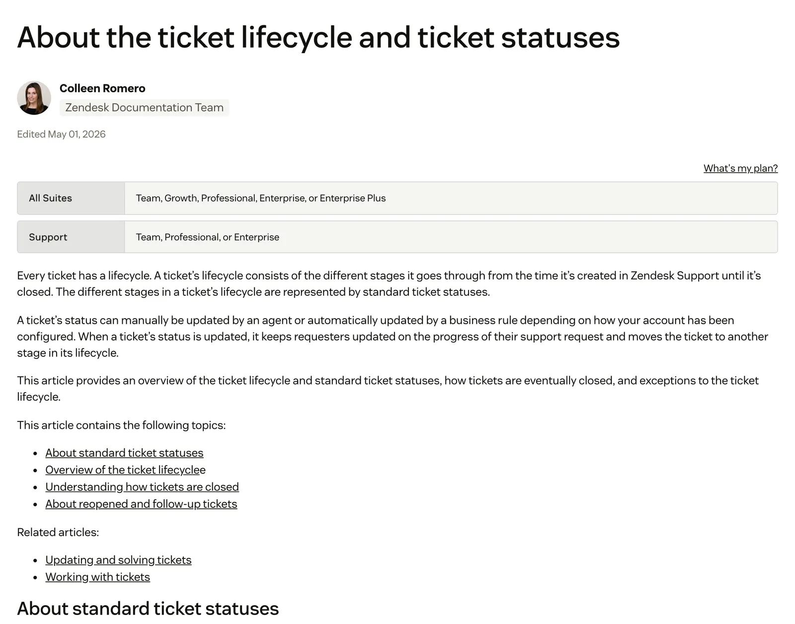 Screenshot of the Zendesk help centre article "About the ticket lifecycle and ticket statuses", explaining that the stages of a ticket's lifecycle are represented by standard ticket statuses, at support.zendesk.com/hc/en-us/articles/8263915942938, captured 15 October 2026.