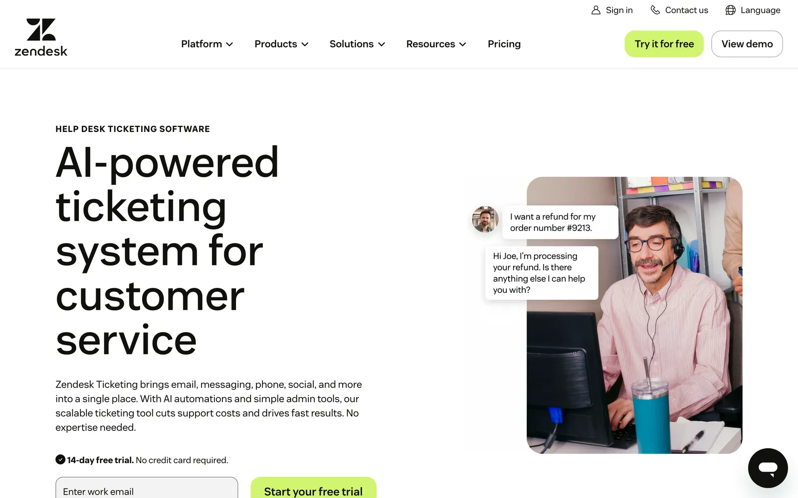 Screenshot of the Zendesk Ticketing product page, headed "AI-powered ticketing system for customer service", saying it brings email, messaging, phone, social and more into a single place, at zendesk.co.uk/service/ticketing-system, captured 15 October 2026.