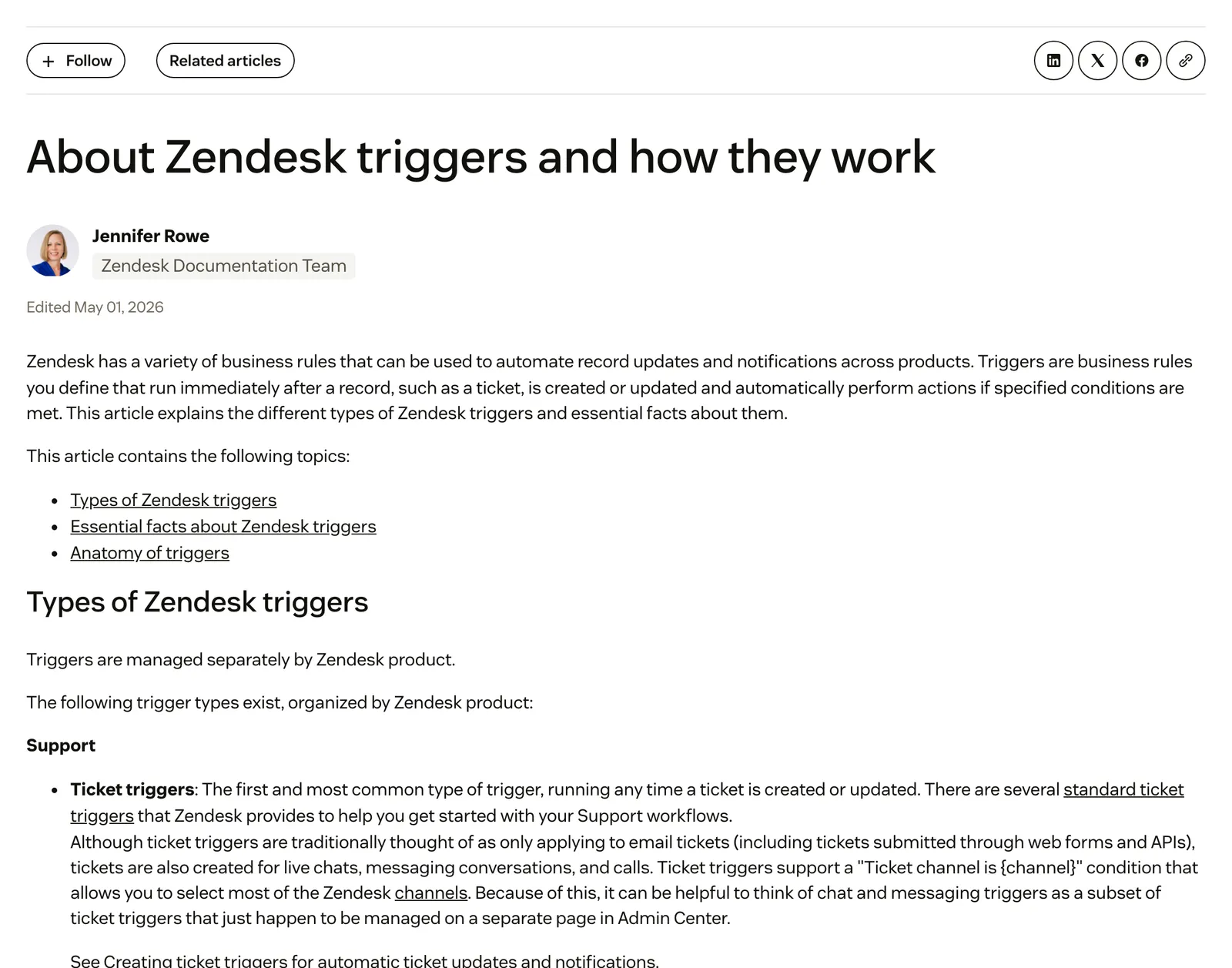 Screenshot of the Zendesk help centre article "About Zendesk triggers and how they work", defining triggers as business rules that run immediately after a ticket is created or updated and listing ticket and object triggers, at support.zendesk.com/hc/en-us/articles/4408822236058, captured 15 October 2026.