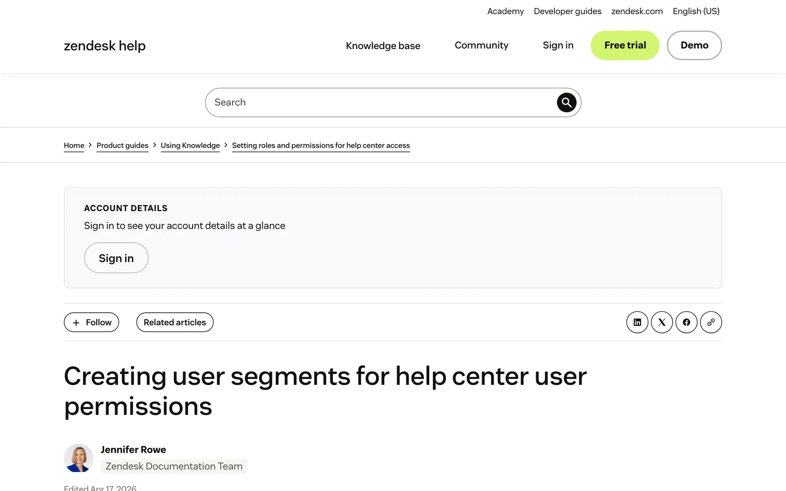 Screenshot of the Zendesk documentation page on creating user segments for help centre permissions, at support.zendesk.com, captured 19 October 2026.