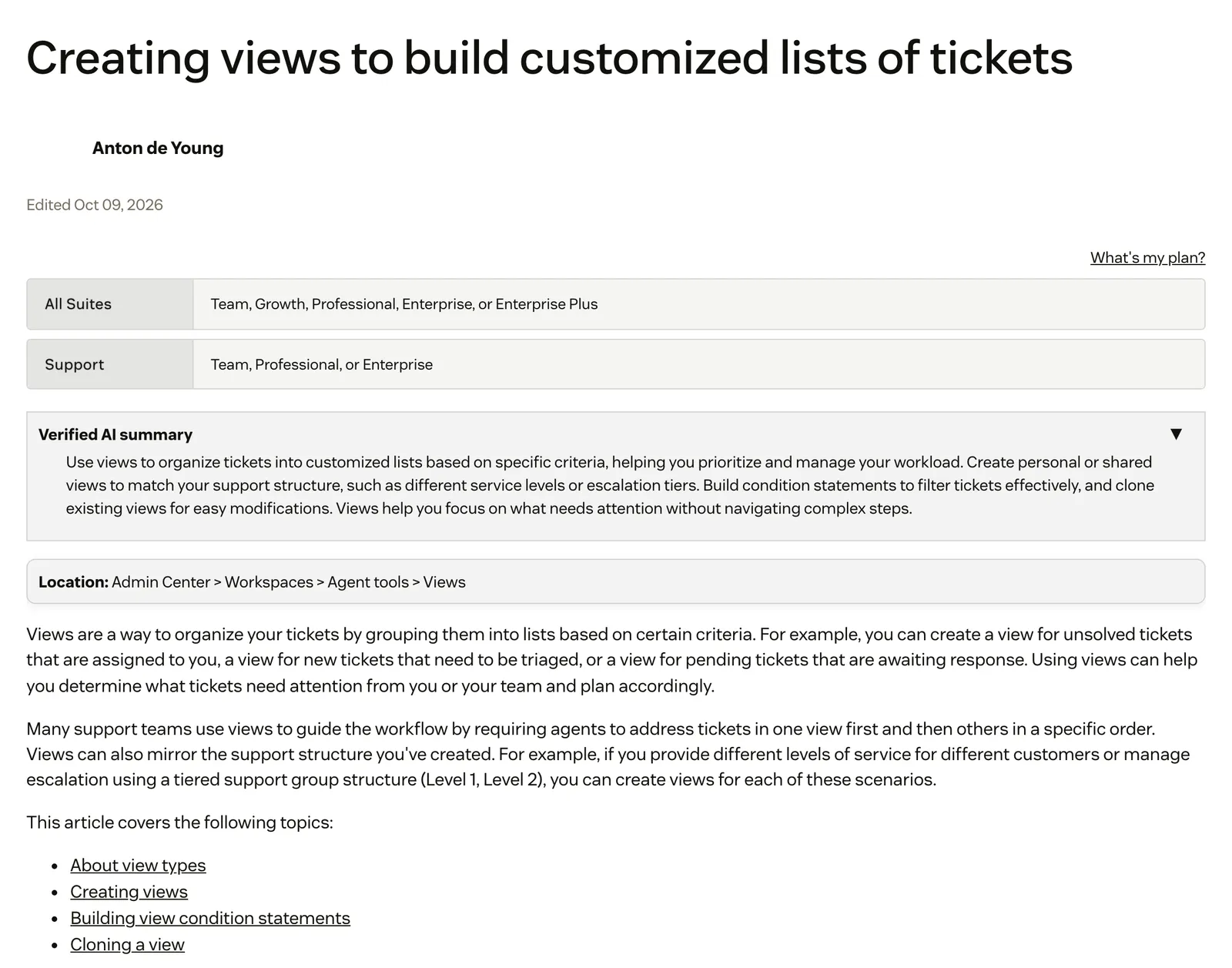 Screenshot of the Zendesk help centre article "Creating views to build customized lists of tickets", showing the Admin Center > Workspaces > Agent tools > Views location and examples such as unsolved tickets assigned to you, at support.zendesk.com/hc/en-us/articles/4408888828570, captured 15 October 2026.