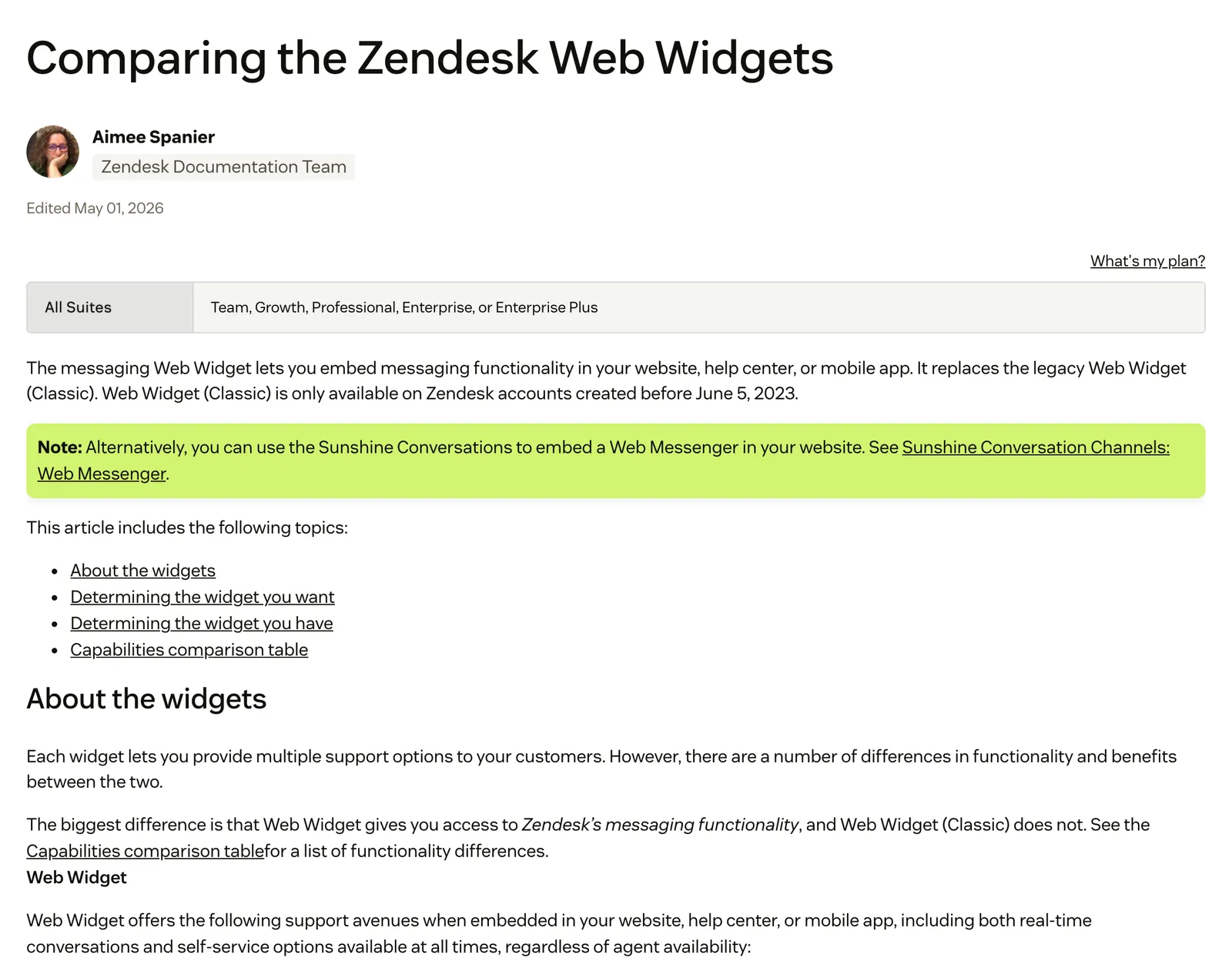 Screenshot of the Zendesk help centre article "Comparing the Zendesk Web Widgets", stating that the messaging Web Widget replaces the legacy Web Widget (Classic), which is only available on accounts created before 5 June 2023, at support.zendesk.com/hc/en-us/articles/4429429087002, captured 15 October 2026.