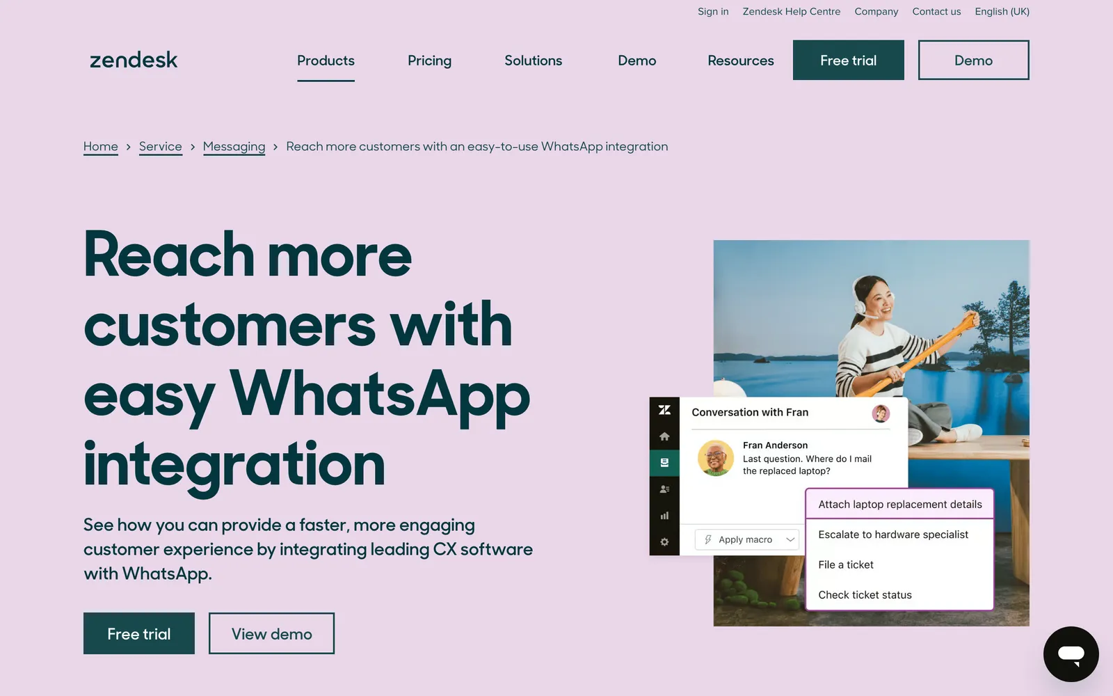 Zendesk's WhatsApp page, headed 'Reach more customers with easy WhatsApp integration', with a WhatsApp conversation open in the Zendesk agent workspace, captured 15 October 2026 from zendesk.co.uk.
