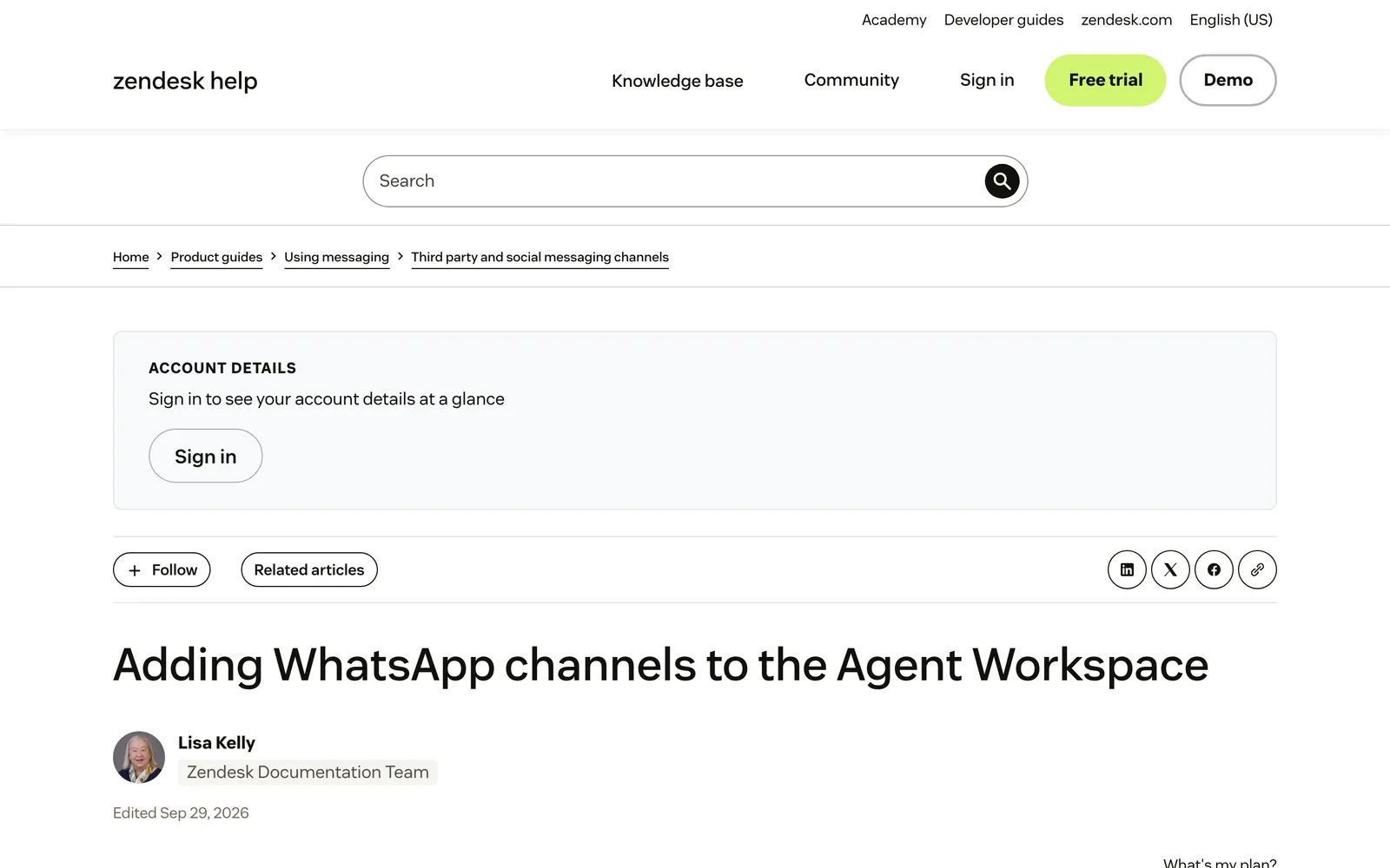 Zendesk's help article 'Adding WhatsApp channels to the Agent Workspace' at support.zendesk.com, captured 19 October 2026.