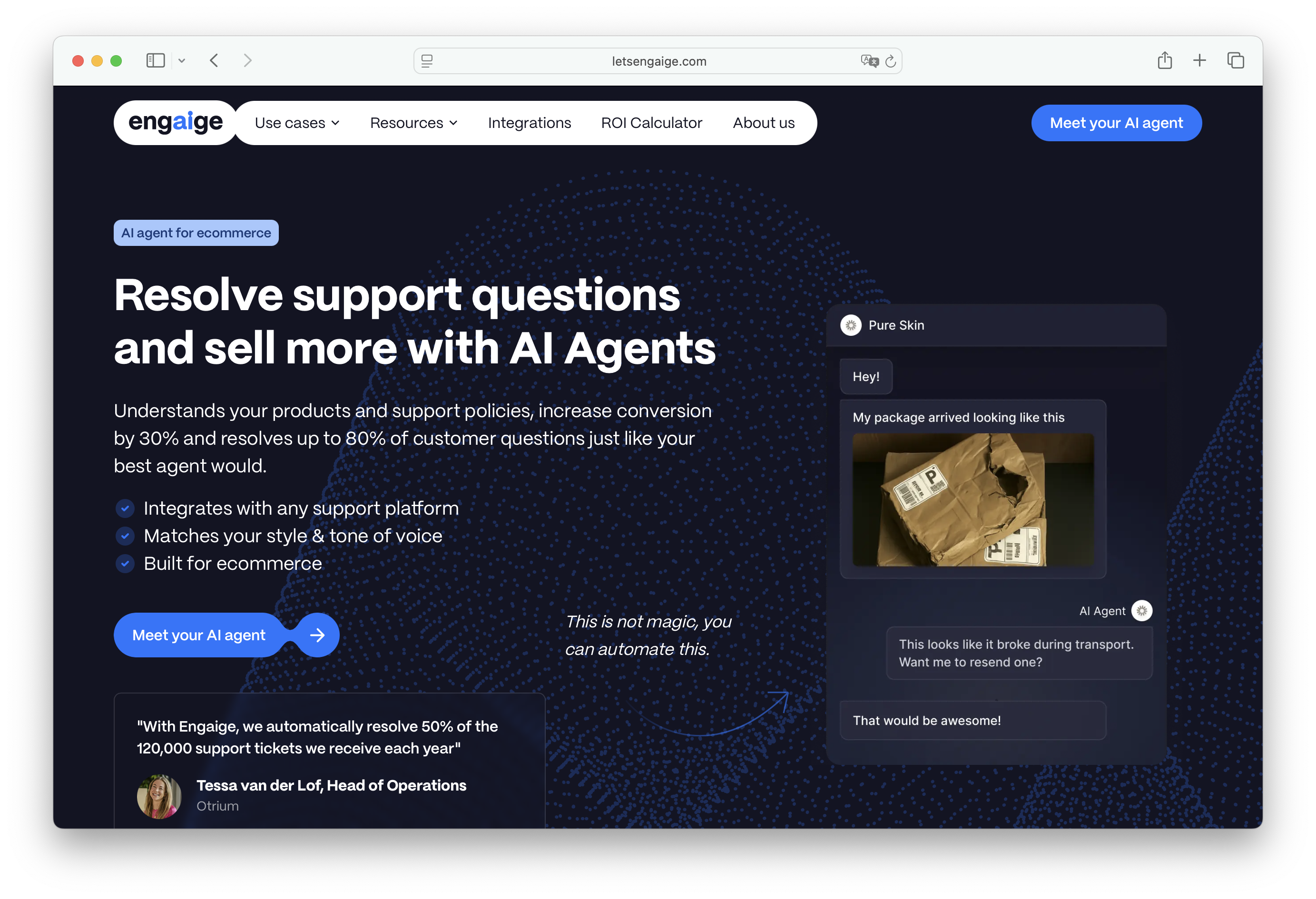 Engaige AI customer service agent dashboard for e-commerce