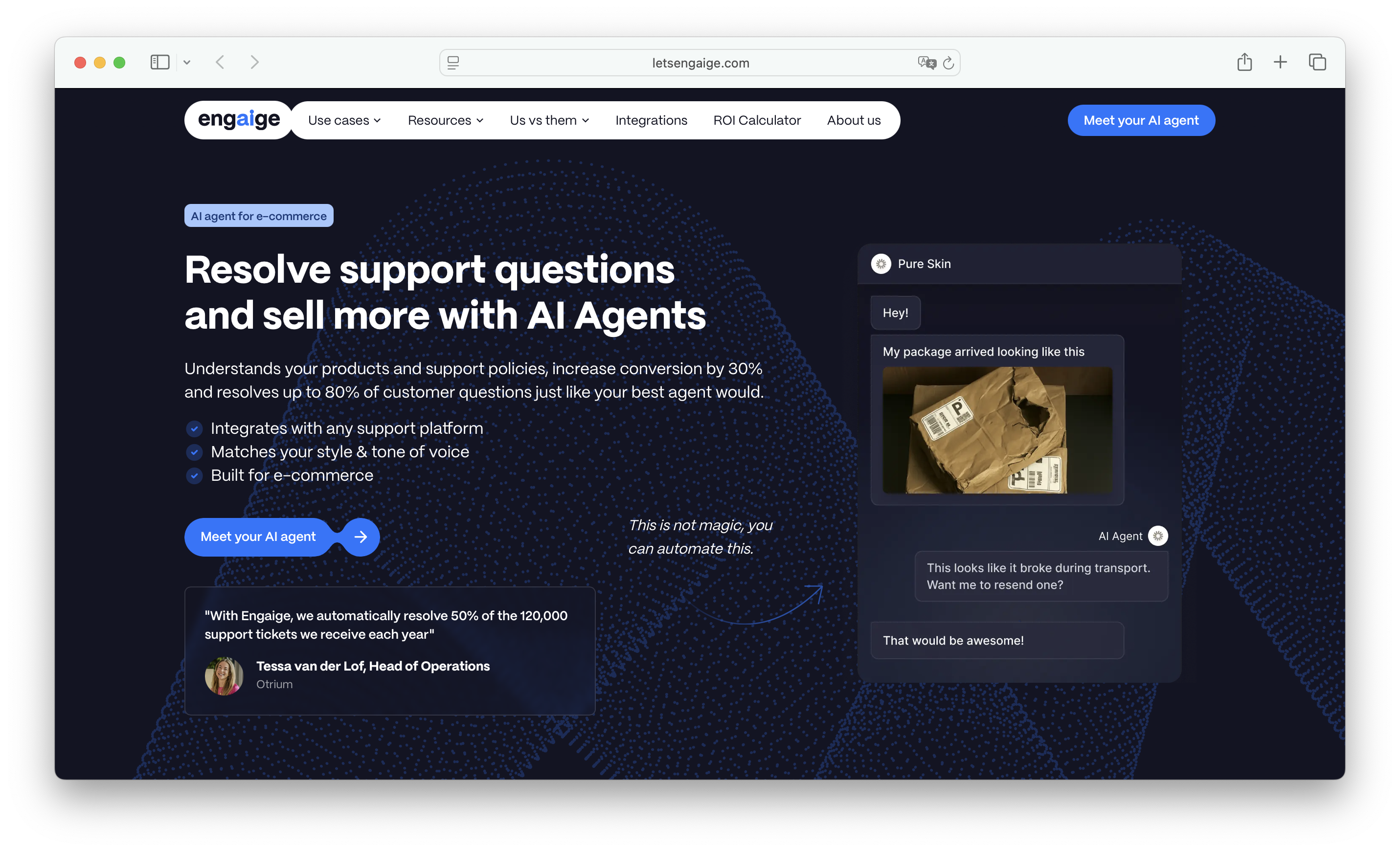 Engaige AI agent resolving e-commerce support tickets end-to-end